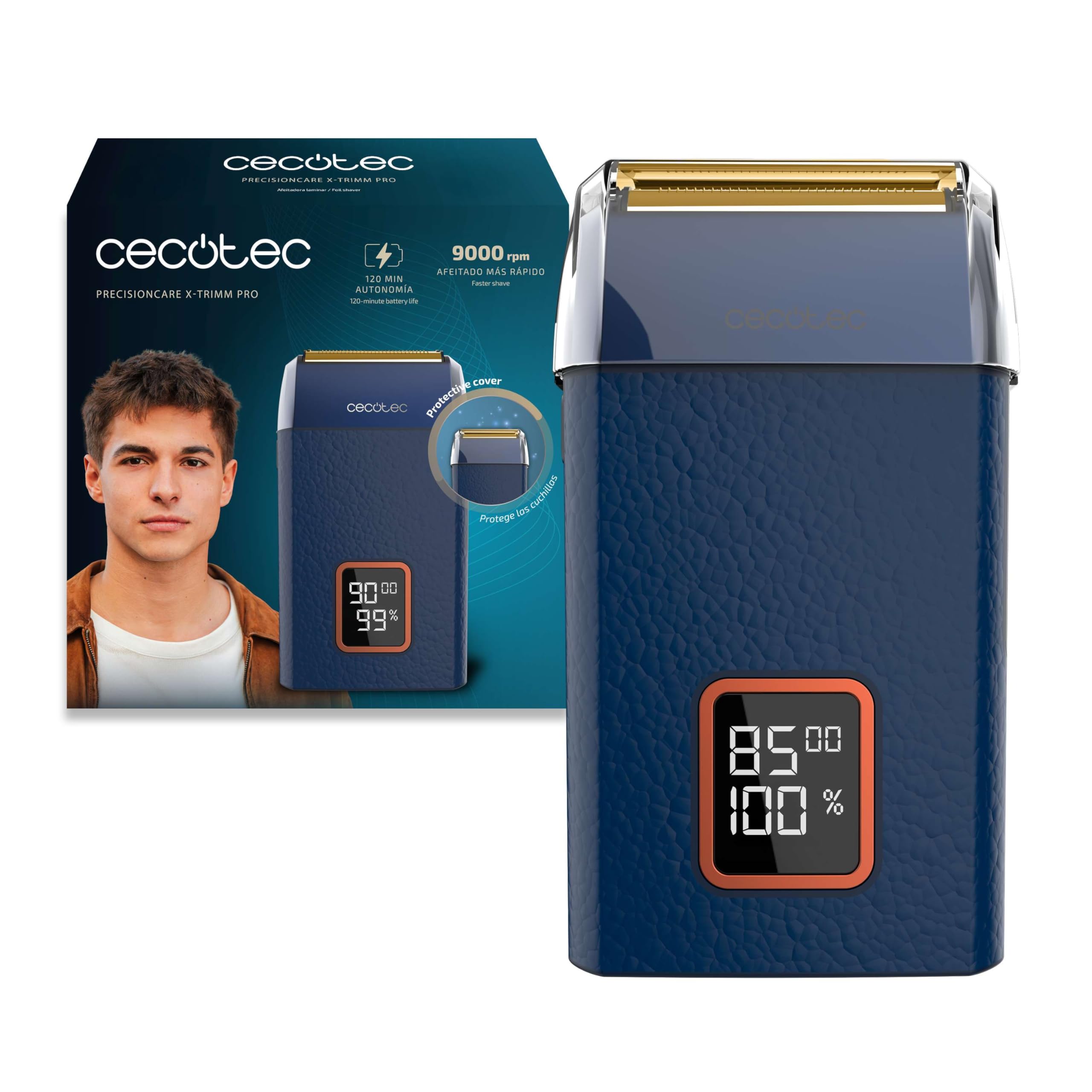 Cecotec Afeitadora Laminar con Cuerpo de Cuero PrecisionCare X-Trimm Pro. Motor 9000RPM, 3 Velocidades, Cuchillas de Titanio, Pantalla LED con% de Batería y RPM, Autonomía 2h, Tapa