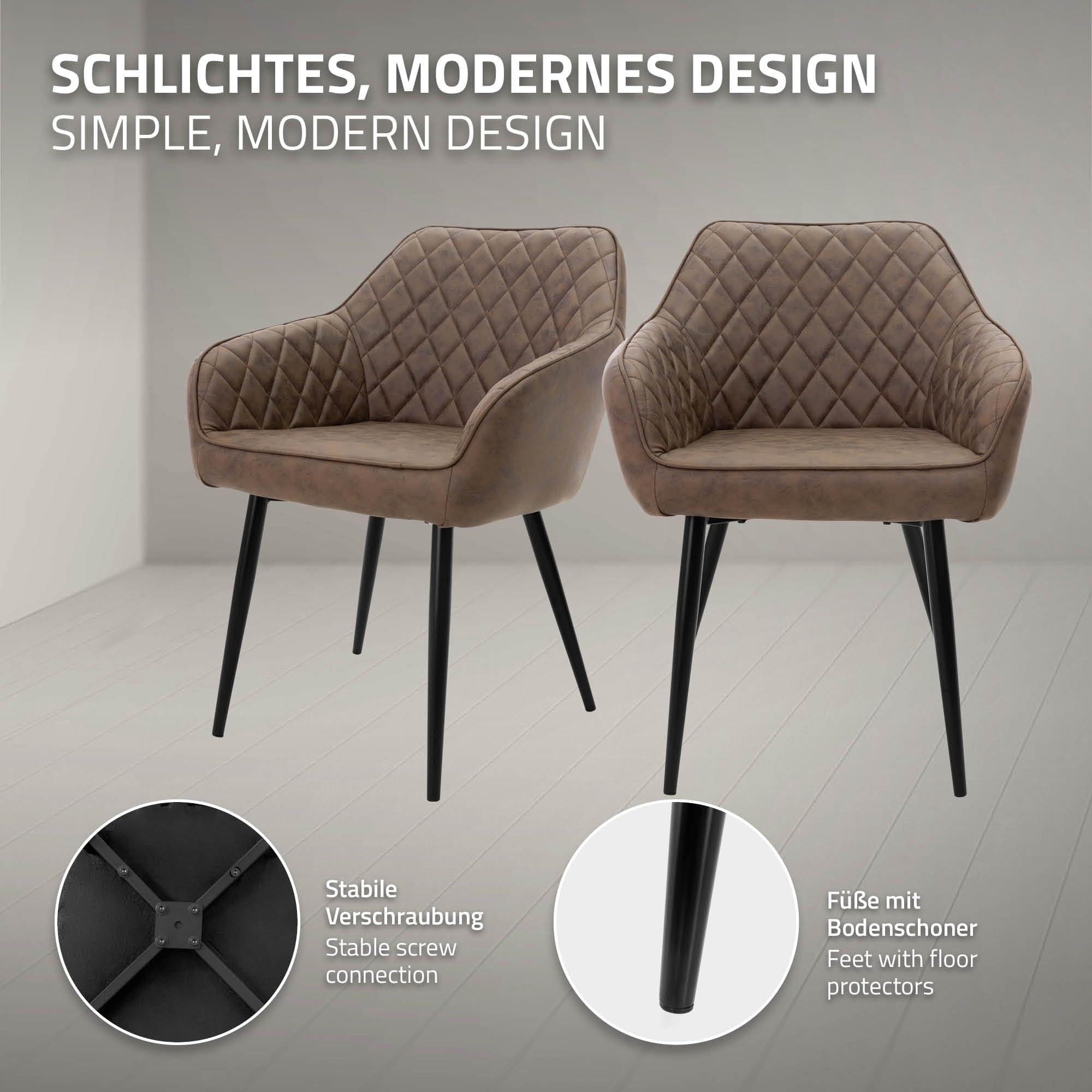 ML-Design Lot de 2 Chaises de Salle à Manger, avec Dossier et Accoudoirs, Marron, Assise en Matériau Synthétique Rembourrée, Pieds en Métal, Chaise de Cuisine Salon Bureau, Matériel de Montage Inclus