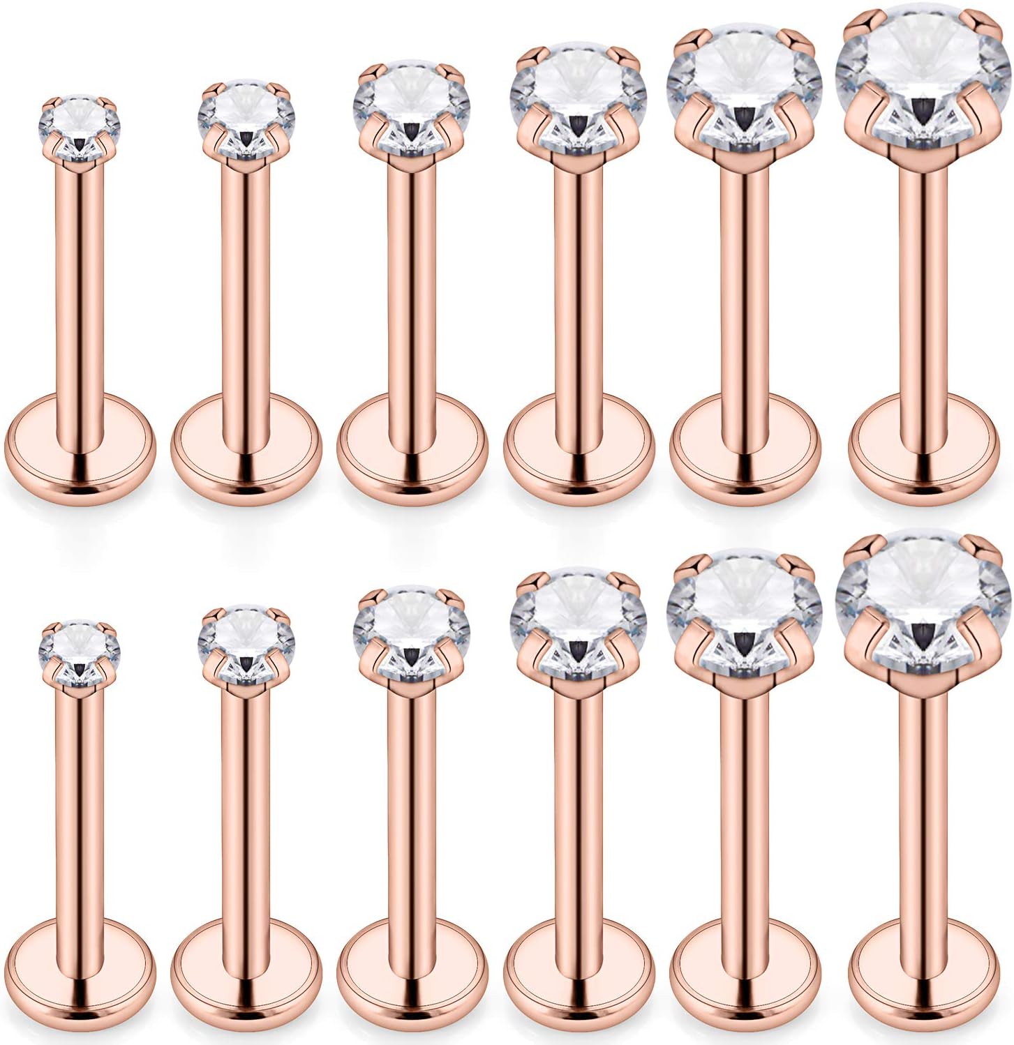 SCERRING6 Pairs 16g Stainless Steel Prong Setting Clear CZ Internally Threaded Labret Monroe Lip Tragus Cartilage Helix Earring Ring Body Piercing Jewelry 6-10mm