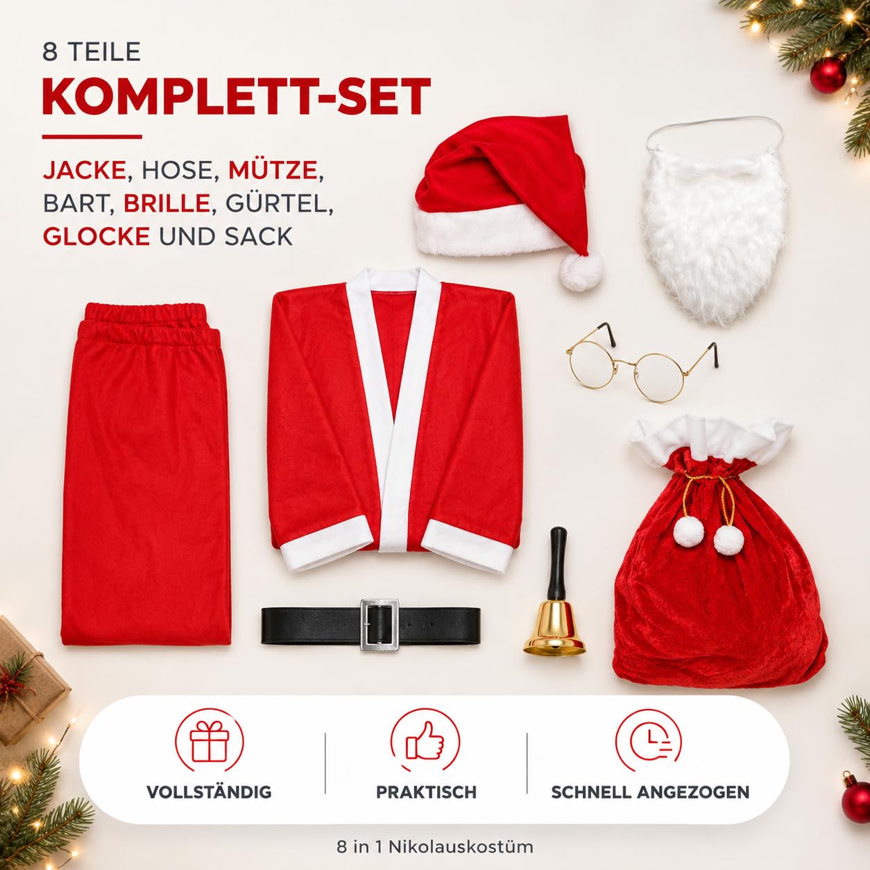 Kostimheld® 6 w 1 kostium Mikołaja - kostium Świętego Mikołaja - na Boże Narodzenie - kostium Mikołaja - Święty Mikołaj - dla mężczyzn/dorosłych (wybór ilości)