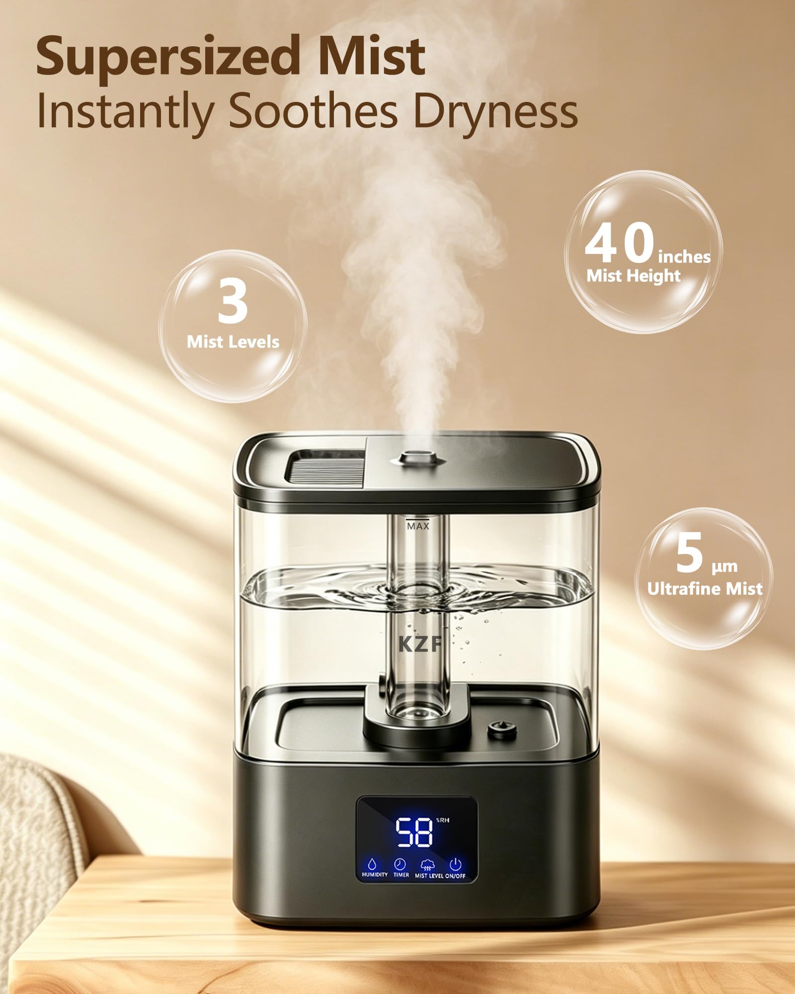 Humidificadores de relleno superior de 4 litros para recámara y tiempo de funcionamiento de 60 horas, humidificador de niebla fresca, 3 niveles de niebla, temporizador de 8 horas, bandeja de aceite