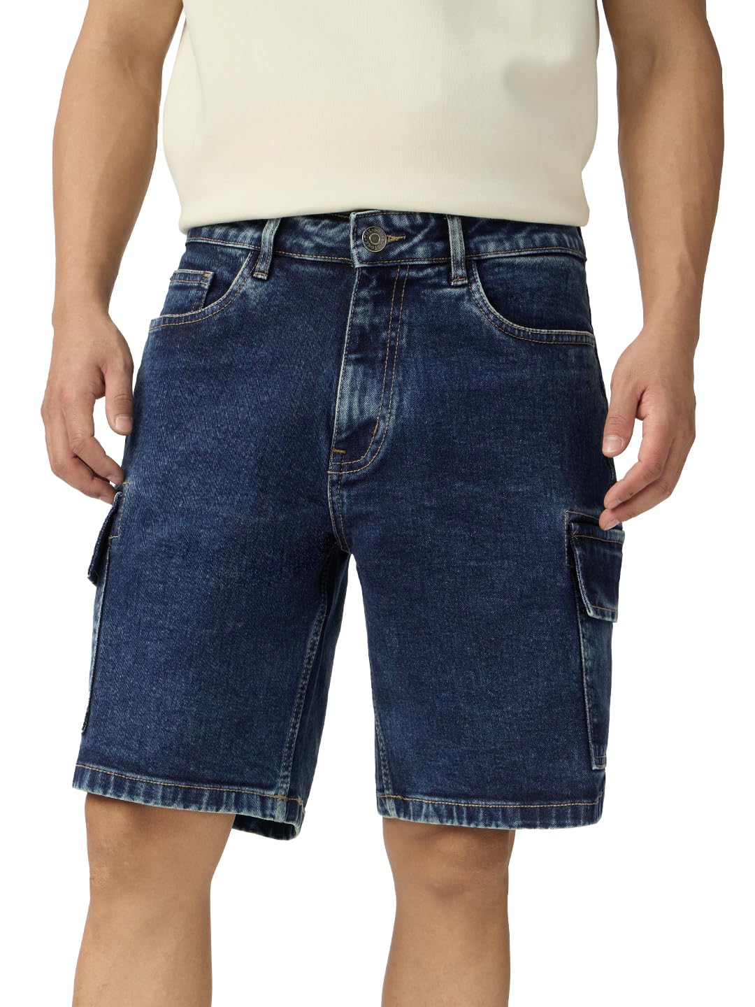 the souled store Denim: Ocean Blue Men and Boys Buttoned Solid Knee Length Cotton Blend Denim Shorts-picture-10