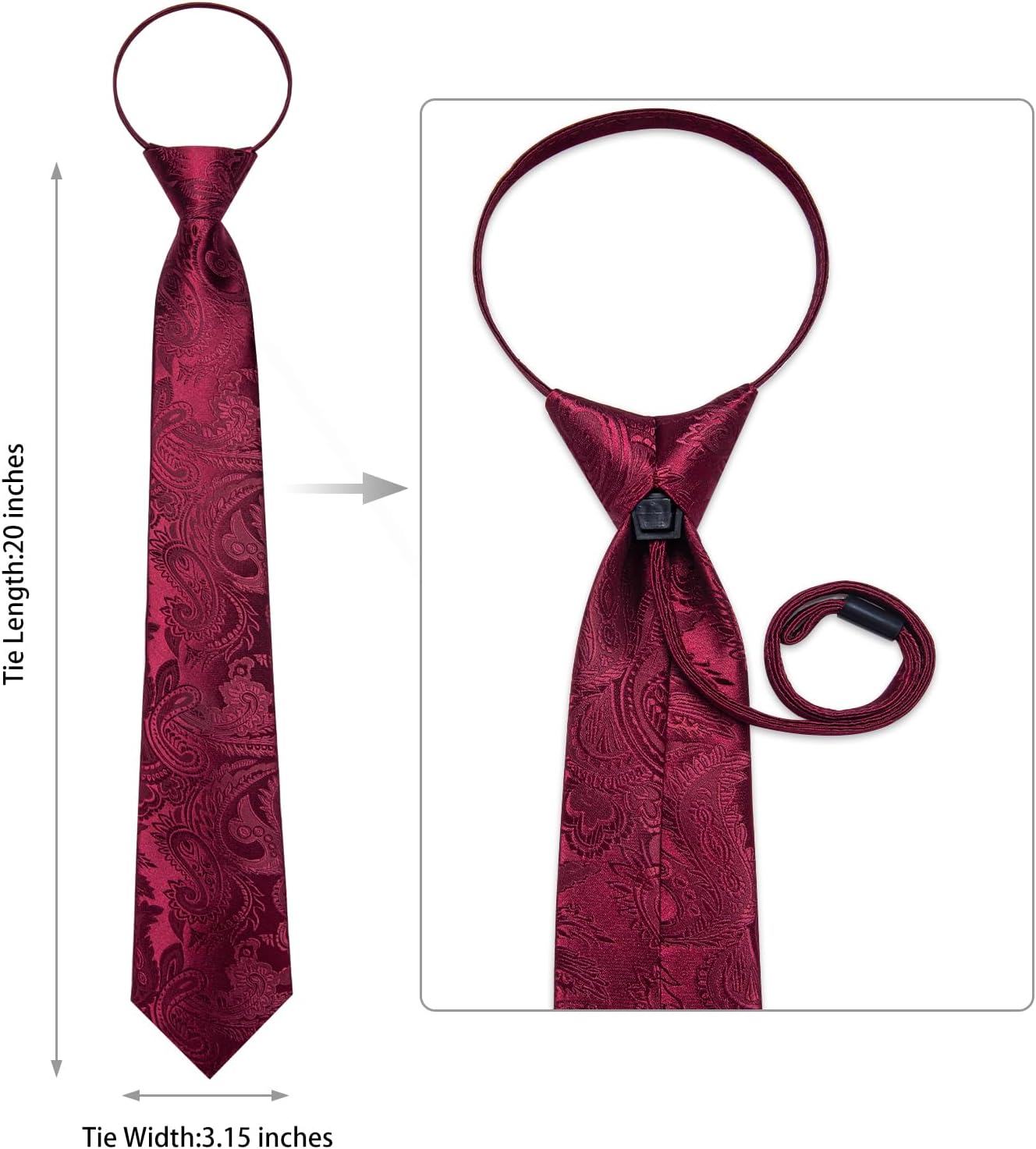 DiBanGu Mens Adjustable Zipper Ties, Woven Paisley Striped Plaid Necktie and Pocket Square Cufflinks Set Pre-tied Wedding Tie - Image 5