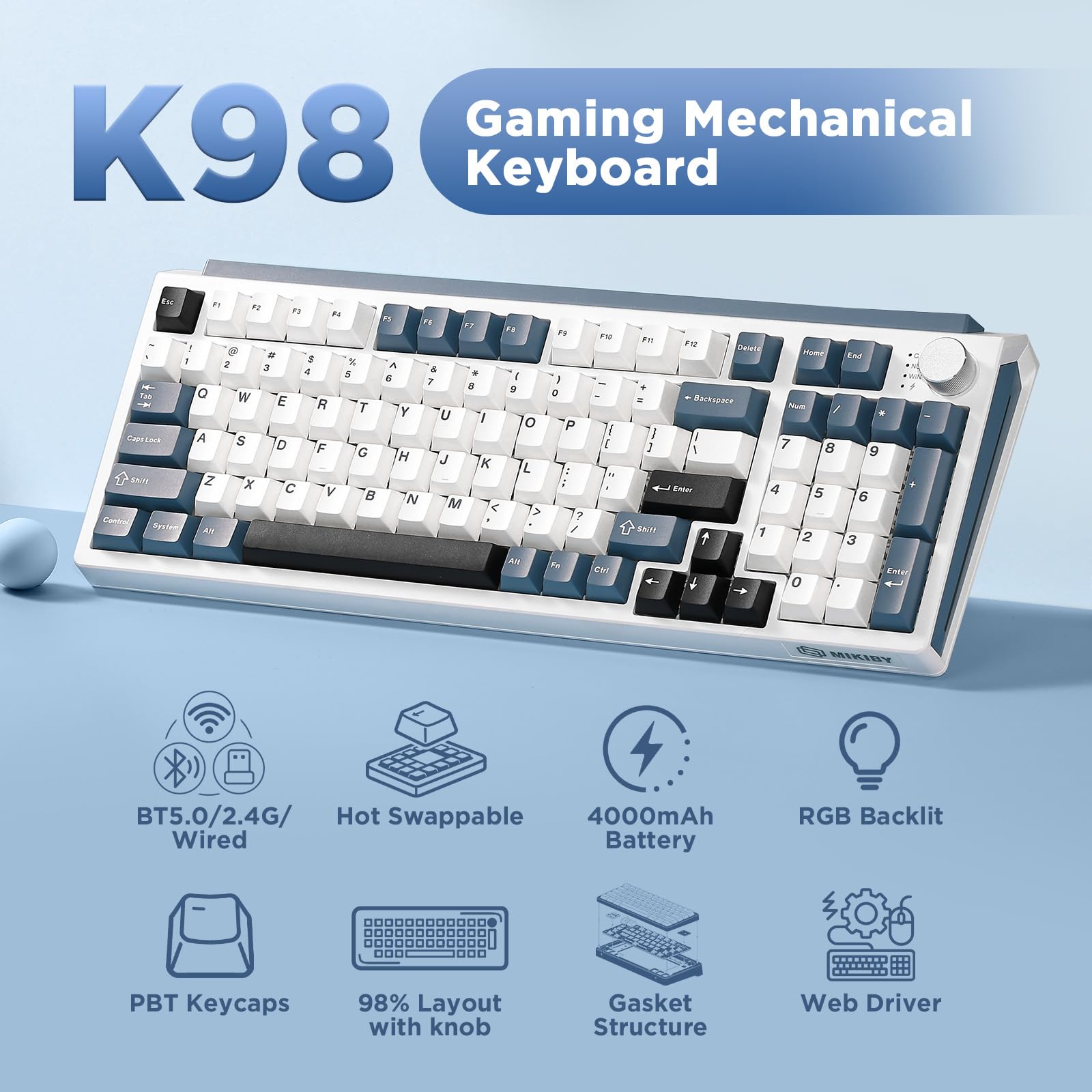 Tastiera meccanica wireless K98, Tri-Mode BT5.0/2.4GHz/USB-C, tastiera personalizzata hot swap, struttura con guarnizione, tastiera da gioco retroilluminata RGB, per Win e Mac (bianco e blu
