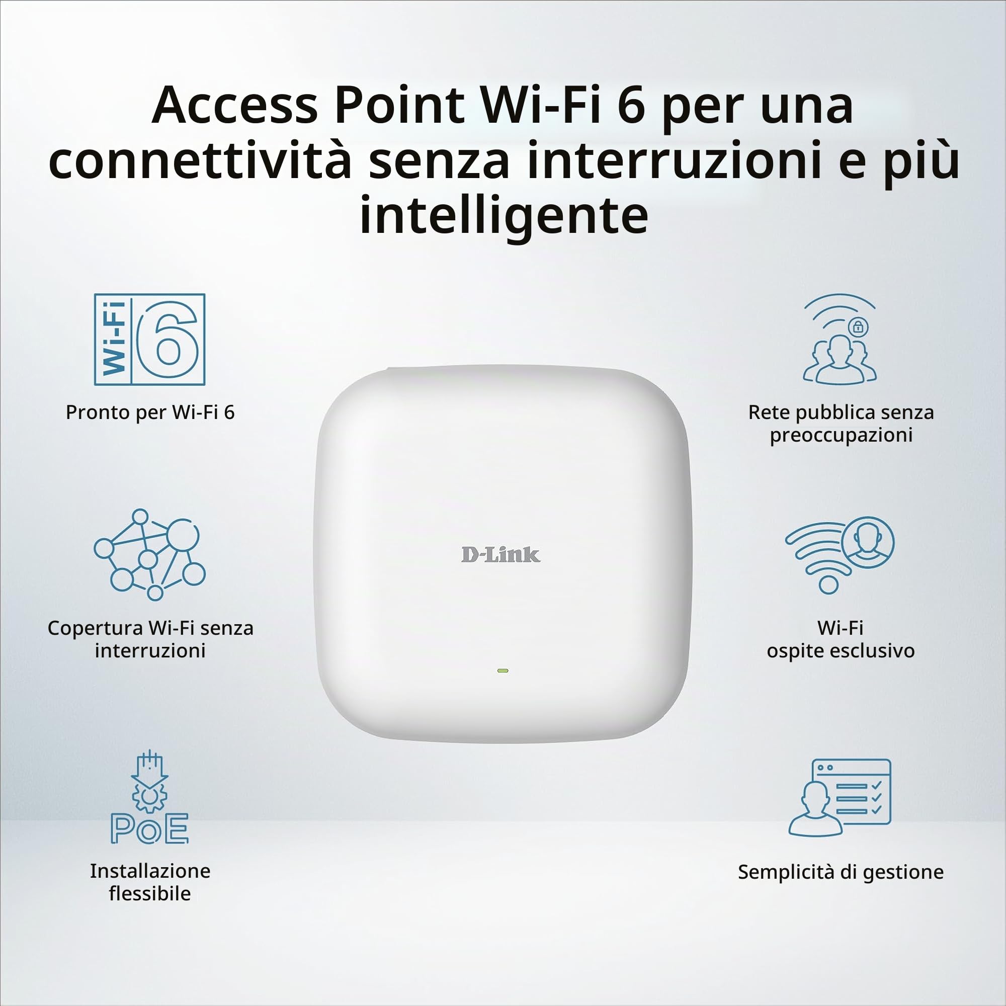 D-Link DBR-X3000-AP AX3000 Wi-Fi 6 Smart Access Point – Dual Band 574+2402 Mbps, PoE, MU-MIMO, Sicurezza WPA3, Gestione Centralizzata, Captive Portal, Access Point Wi-Fi Professionale
