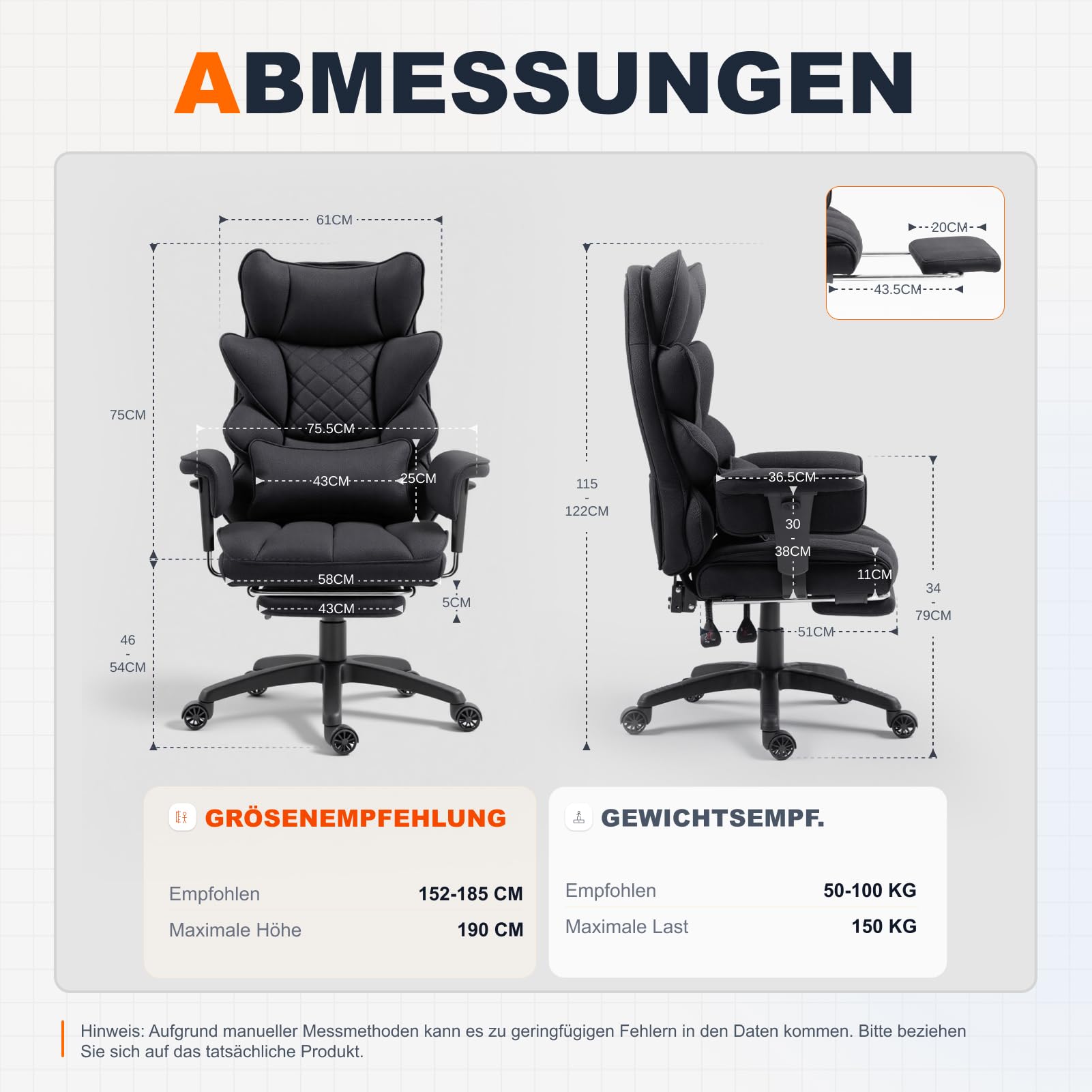 Dowinx Gaming Stuhl, Bürostuhl Ergonomisch mit Taschenfeder-Kissen, Chefsessel mit Doppellagige weiche Rückenlehne und verstellbare Lendenkissen, Armlehnen und Fußstütze, Textil-Schwarz