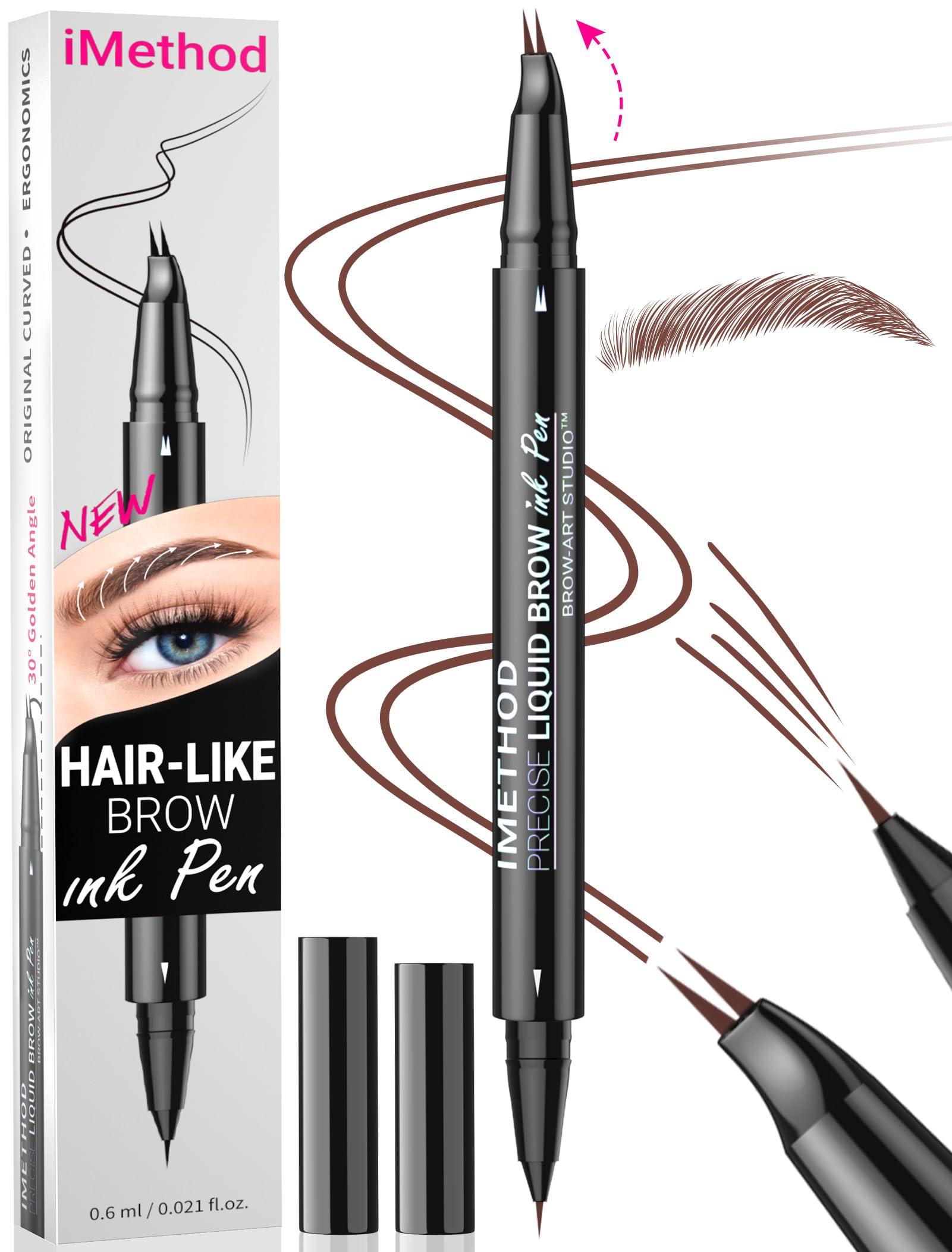 iMethod Curved Eyebrow Pen - Eyebrow Pencil, Brow Pencil 2-in-1 Dual-Ended Microblading Eyebrow Pen with Micro-Fork-Tip & Precise Brush-Tip Create
