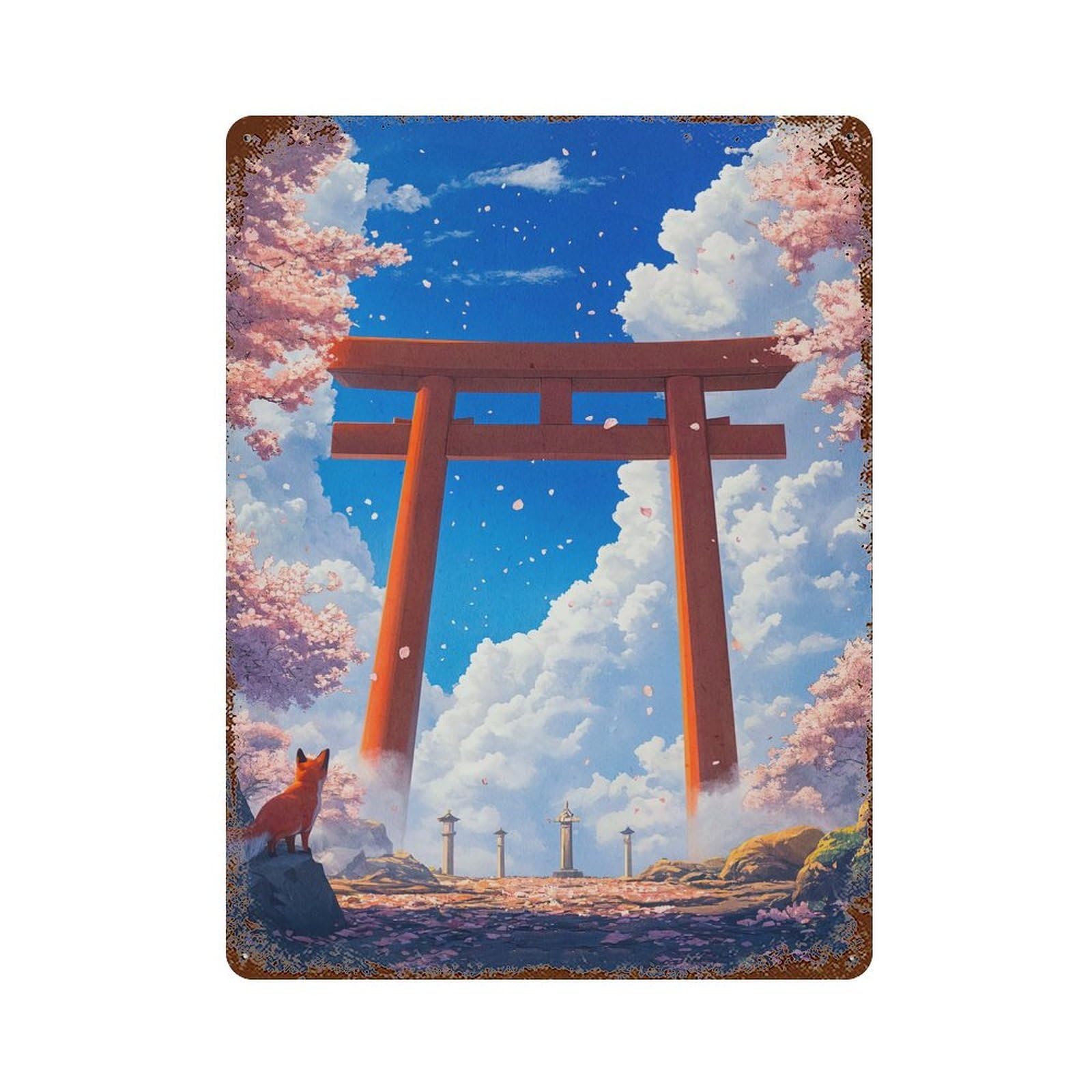 Retro Metal Sign Fox Under Torii Gate 15.7"x11.8", Decorative Metal Wall Art for Pub, Kitchen And Man Cave Decor