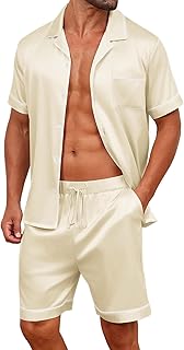 Vssjavun Mens Satin Silk Pajamas Sets Short Sleeve Button-Down Sleepwear Two Piece Loungewear with Pockets