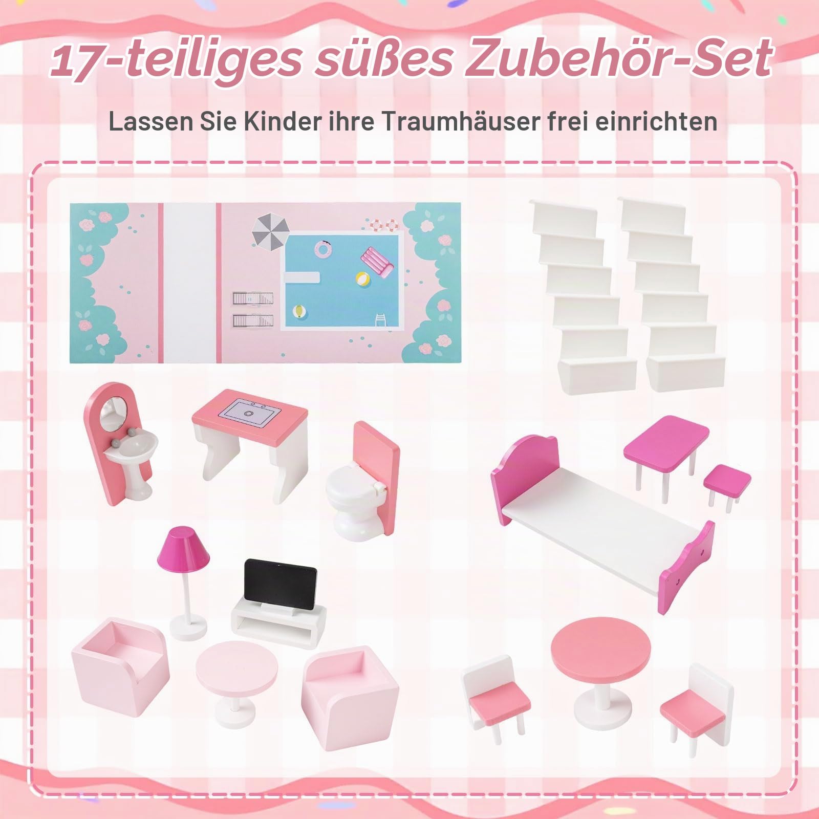 FANTASK Holz Puppenhaus 120,5 cm Hoch, Puppenvilla mit 3 Etagen & 17 Möbelstücken, Spielhaus für Mädchen und Jungen ab 2 Jahren, 73 x 34 x 120,5 cm (Rosa)