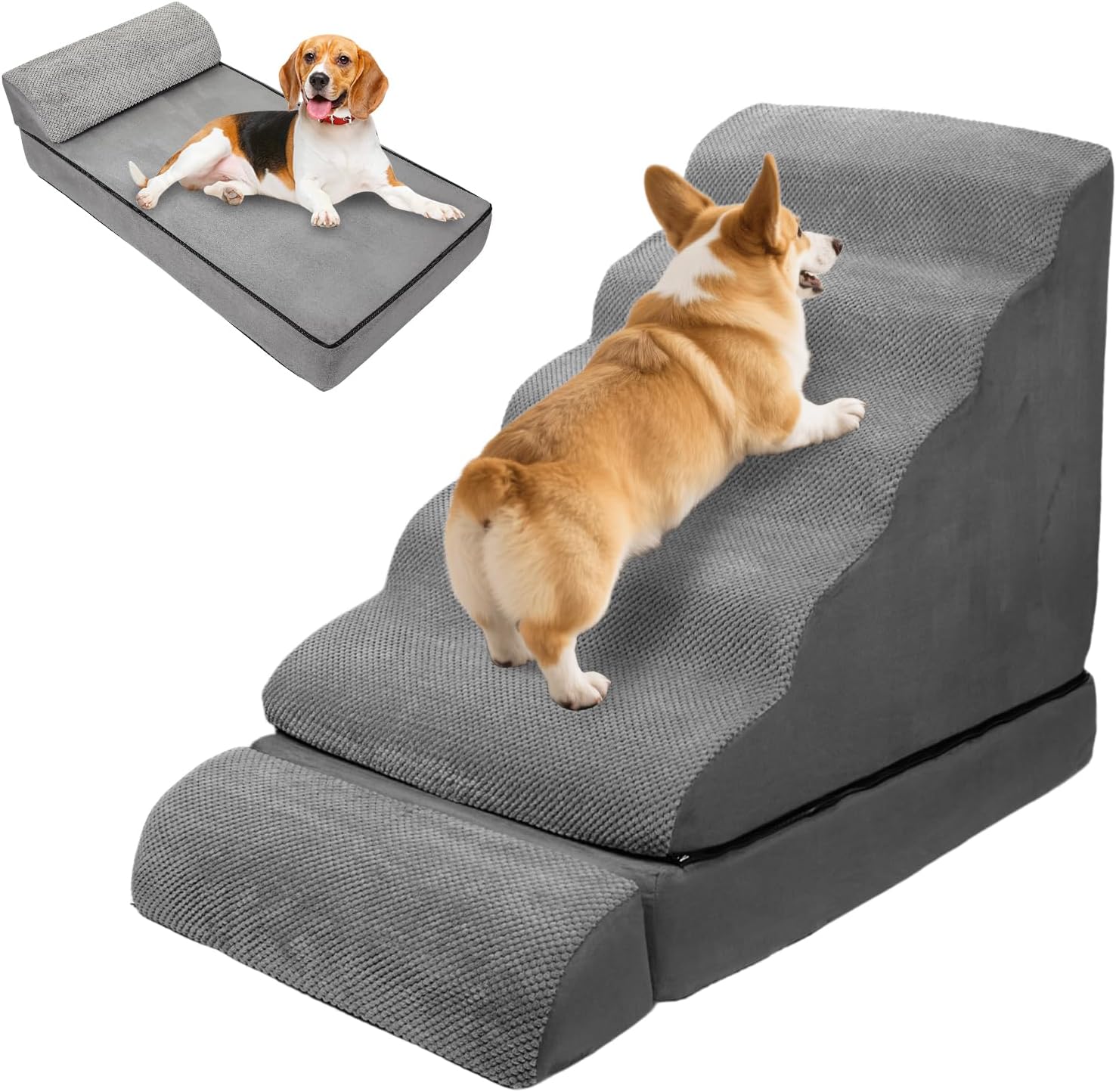 Dog Stairs & Steps for High Beds 30 Inches Tall, LitaiL 6 Steps Pet Stairs/Steps for Beds 24-30inch High for Small Large Dogs, Non-Slip Dog Ramps/Ladder for Old Dogs/Cats 29.1 H 6-Steps Gray with Dog Bed 6 Large