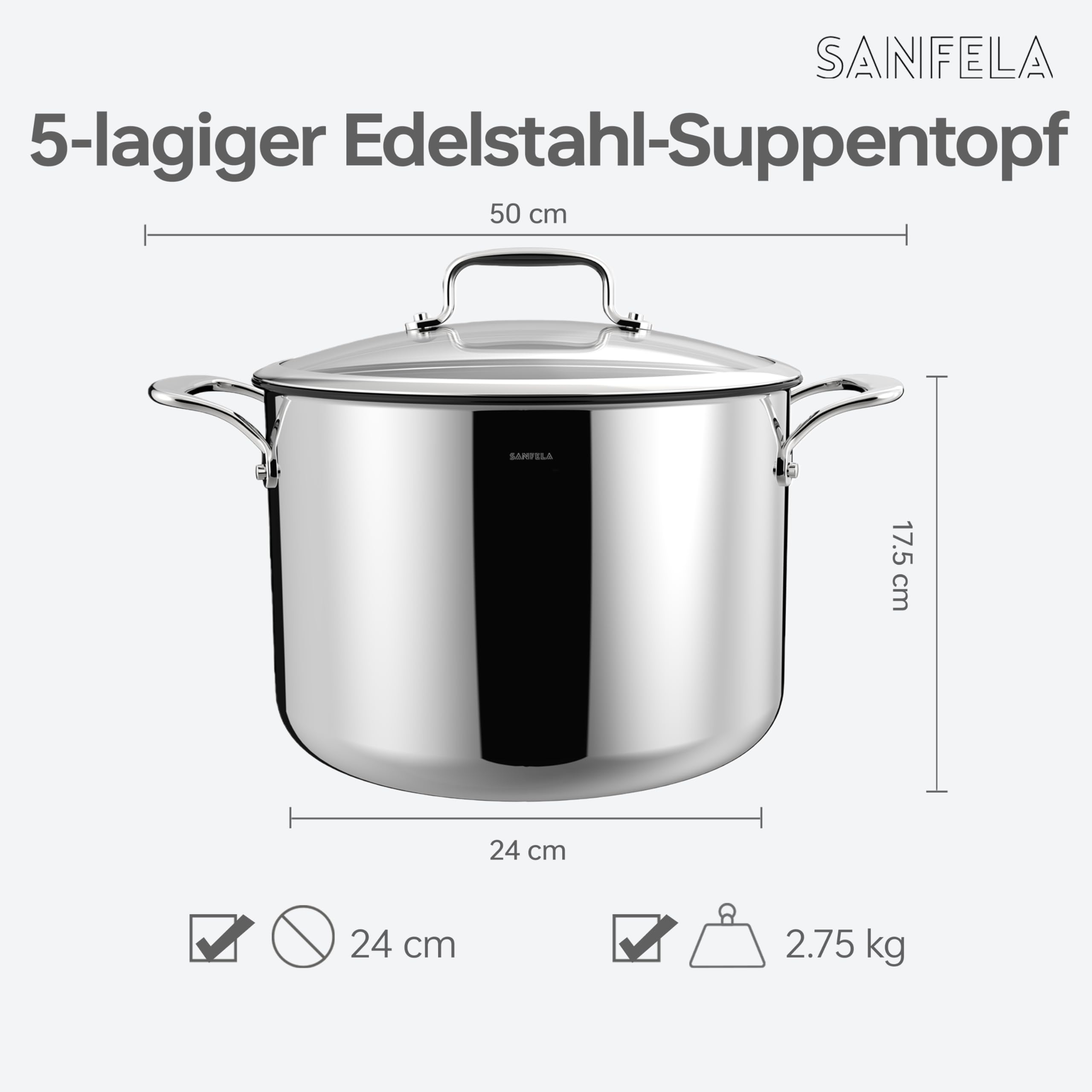 8 l/24 cm garnek ze stali nierdzewnej z pokrywką szklaną, 5-warstwowe naczynie kuchenne ze stali nierdzewnej, kompatybilne z kuchenkami indukcyjnymi