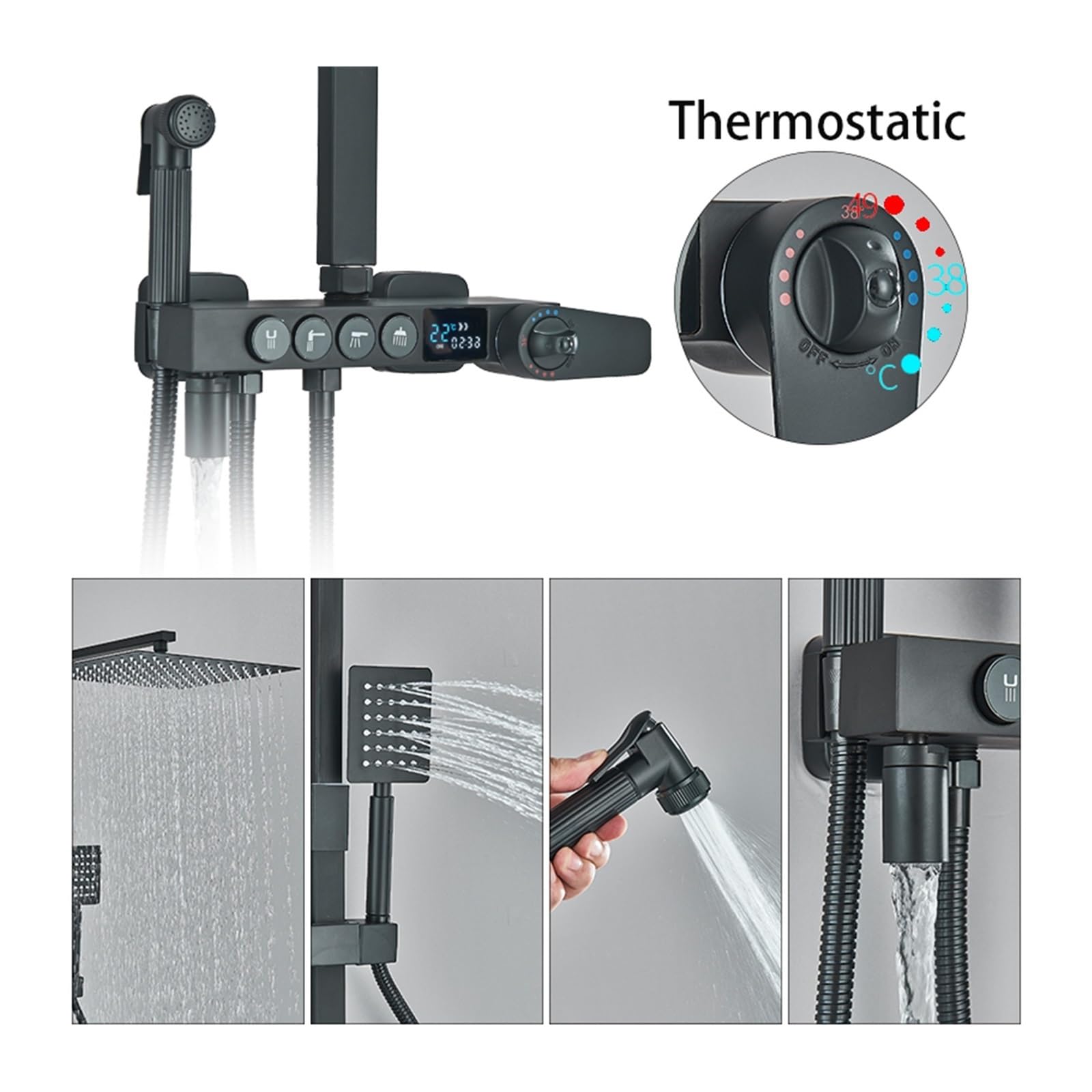 Set miscelatore termostatico per doccia, set rubinetto termostatico per doccia nero/cromo, miscelatore per doccia da bagno con display digitale, sistema doccia in ottone, set doccia a pioggia (nero
