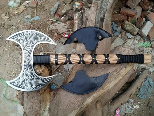 Miniatura 4 de Hacha vikinga de doble cabeza forjada a mano  Hacha de batalla de acero al carbono Odin de 27 pulgadas con mango de madera envuelto en cuero  Hacha