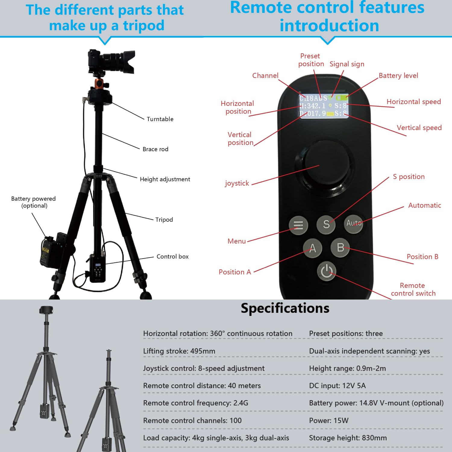 ZIFON RTP500 - Treppiede elettrico monoasse per motore | alluminio, corsa da 495 mm, precisione di 0,1 mm, 8 livelli, telecomando da 40 m, batteria V-Mount, portata 4 kg, time-lapse