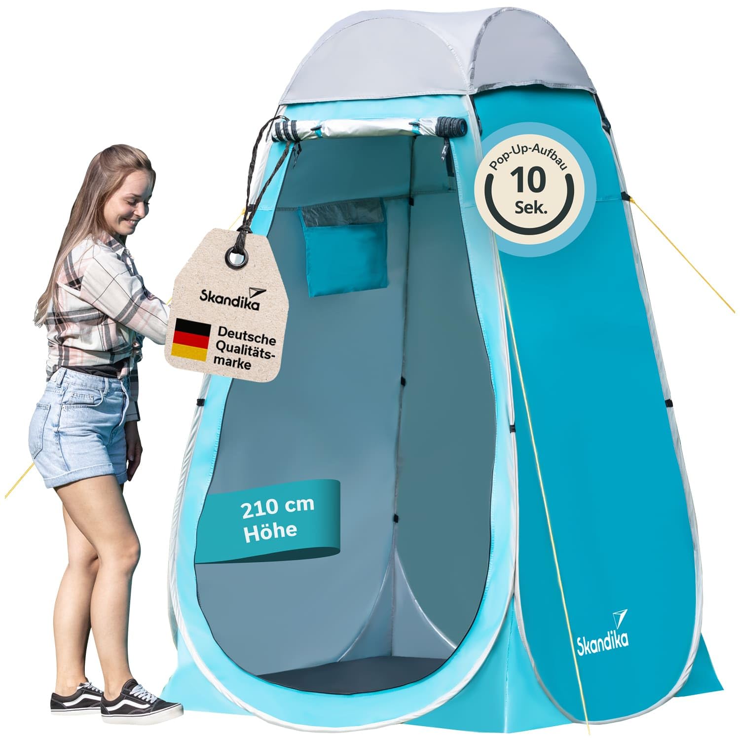Skandika Camping Pop Up namiot prysznicowy | namiot przebieralnia o wysokości 210 cm, pokryty srebrem, nieprzejrzysta, oddzielna podłoga, zakryte okno z moskitierą, mocowanie prysznicowe | namiot toaletowy