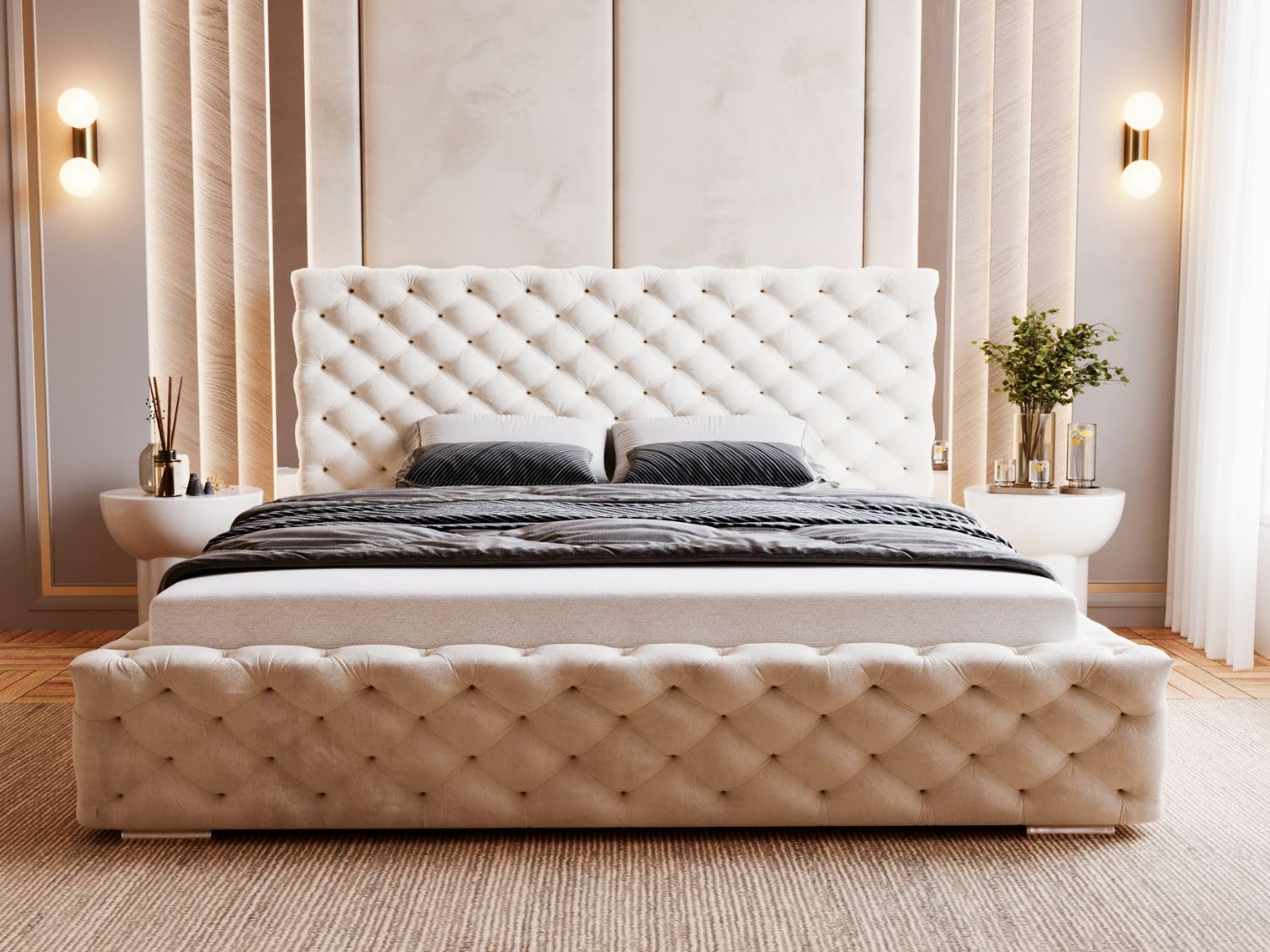 GRAINGOLD Astra Bett 200x200, Polsterbett mit Bettkasten, Polsterbett mit Stauraum, Samt, mit Lattenrost, mit Kopfteil, ohne Matratze (Beige, 200x200)