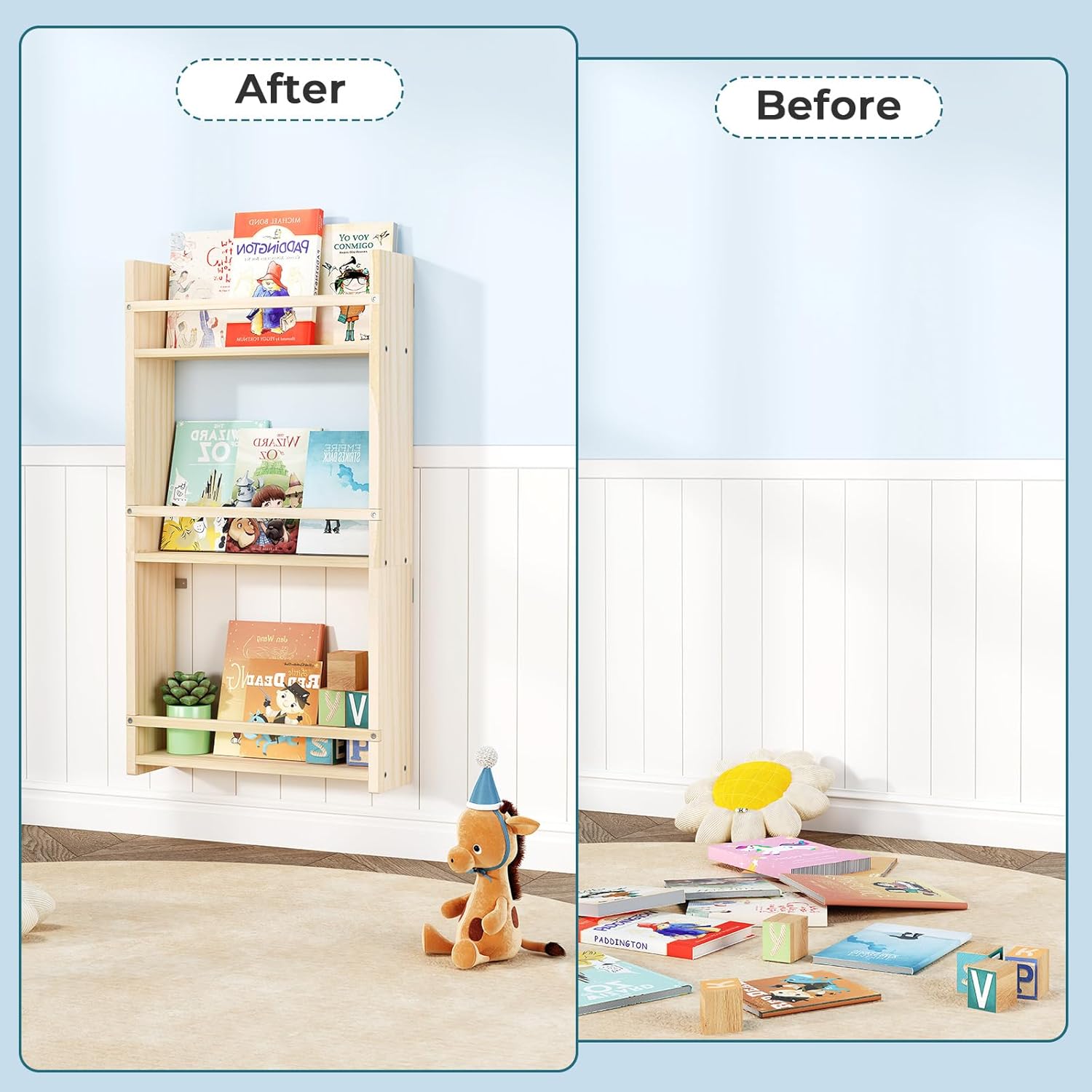 3-Tier Wall Mounted Kids Bookshelf，Hanging Kids Bookcase, Toy and Book Storage Bookshelf in Bedroom, Living Room and Nursery Solid Wood Pine (Natural, 3 Tier)