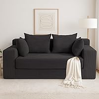 Cidludto 3-in-1 Convertible Sofa Bed: Loveseat, Chaise Lounge & Floor Futon Sleeper, Corduroy Pull-Out Couch with 4 Pillows, Black - No Assembly