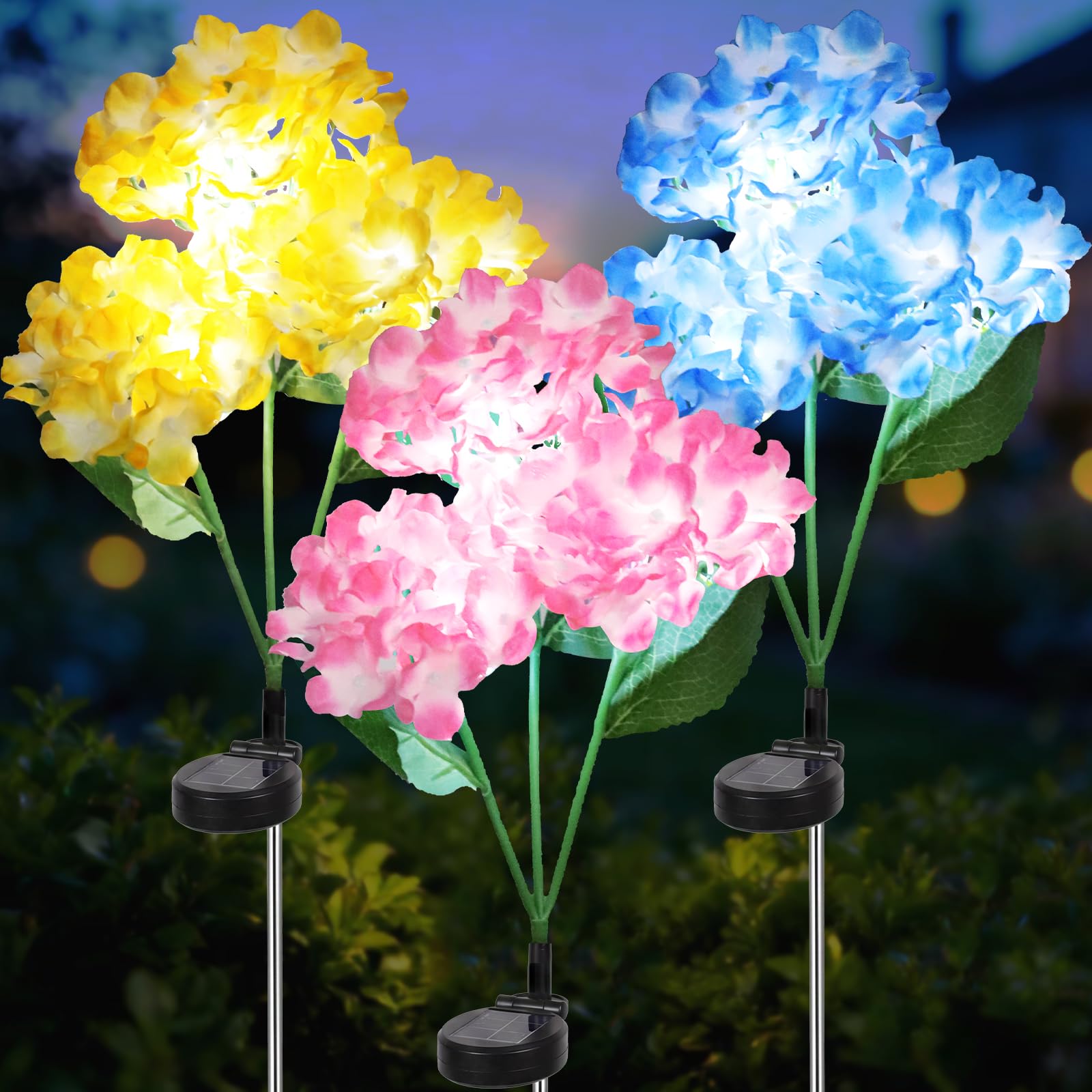 3 Pack Solar Garden Lights, Waterproof Outdoor Garden Lights with 9 Hydrangea Flower Lights for Patio Garden Backyard Holiday Yard Party Wedding Outdoor Spring