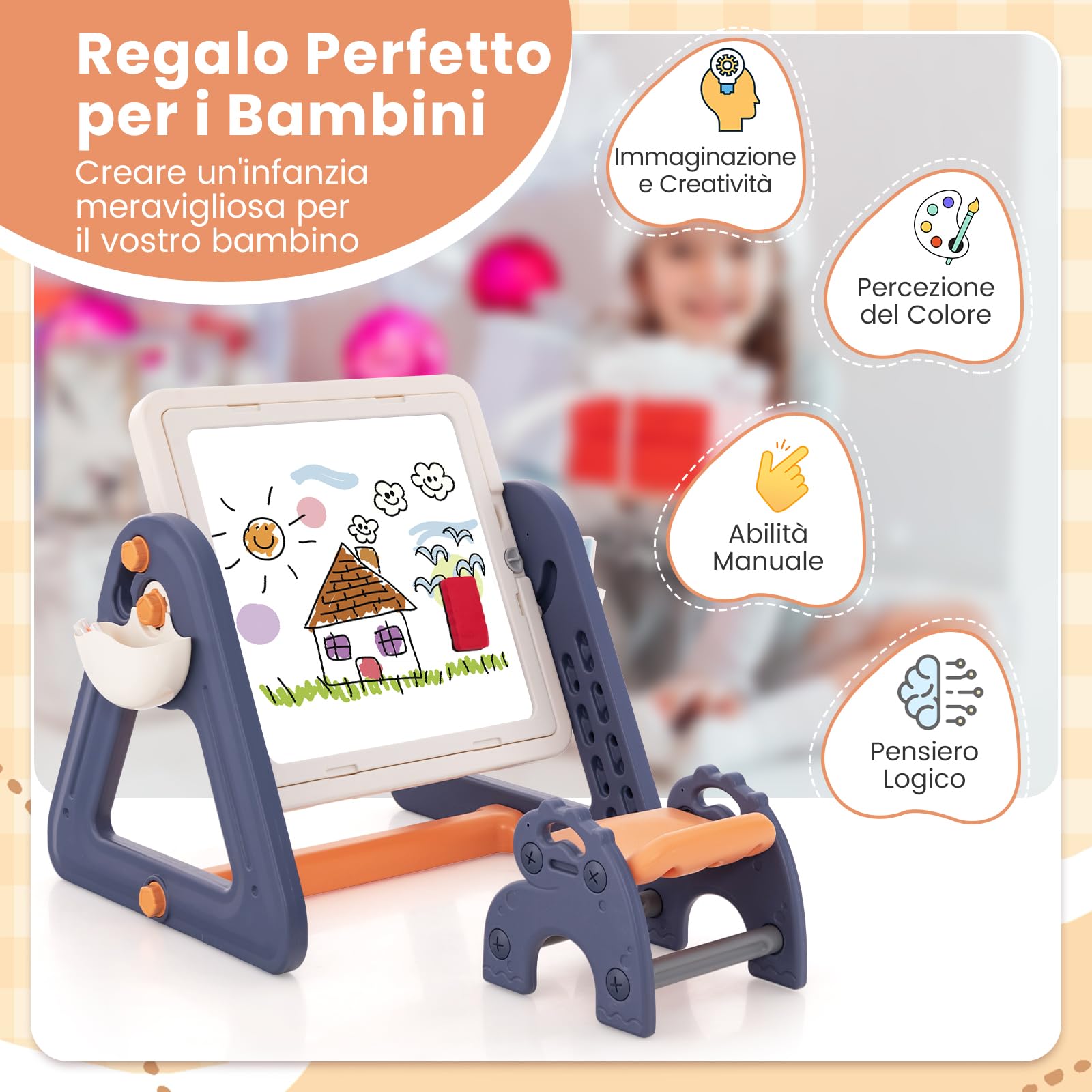 COSTWAY 2 in 1 Set Tavolo e Cavalletto per Bambini, Tavolo Multiattività con Sedia e Piano Reversibile, Set Tavolo Attività con 160 Blocchi da Costruzione 6 Pennarelli 1 Cancellino, 84x58x55 cm
