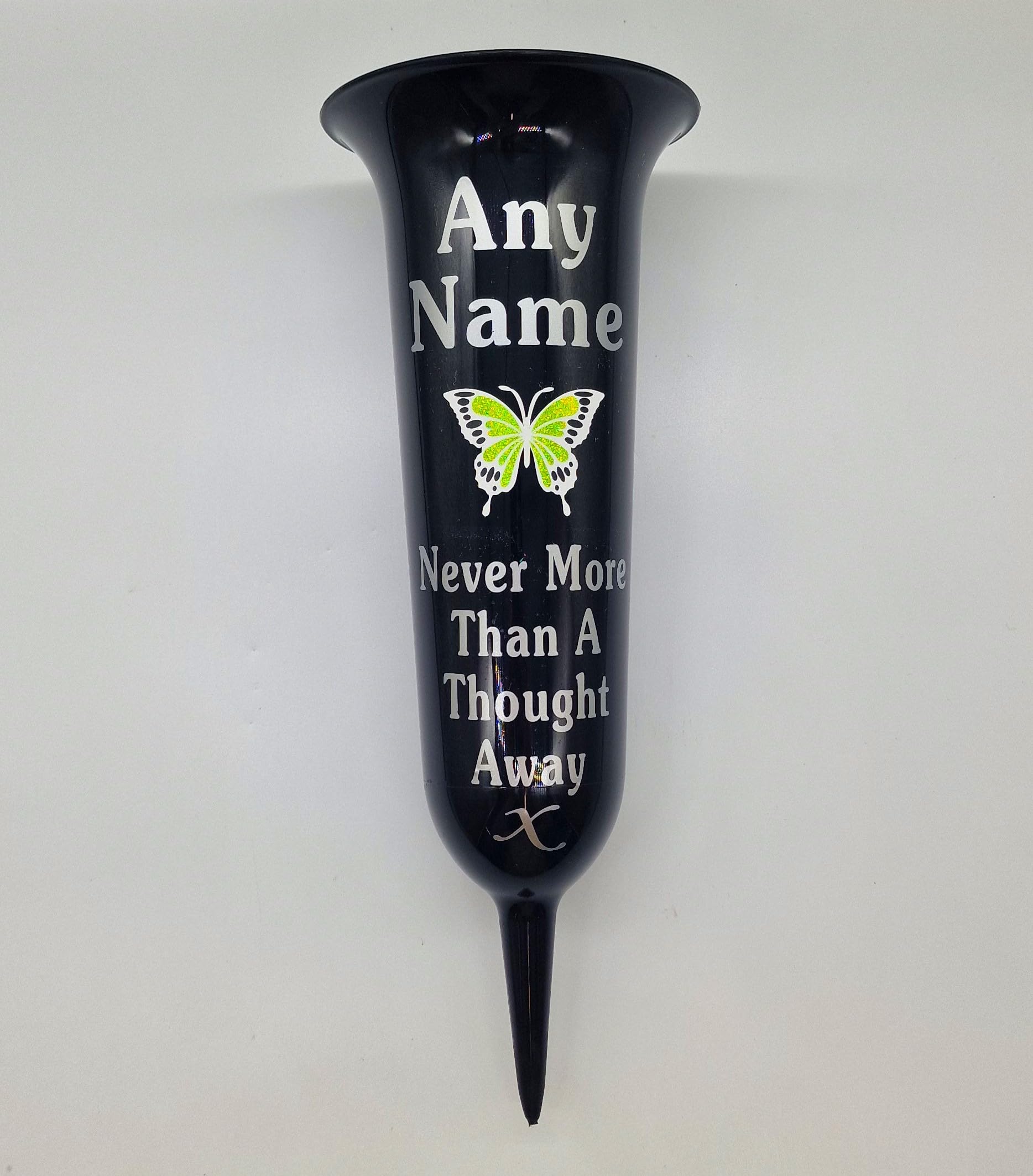 Personalised Memorial Grave Vase with Butterfly Design, Never More Than A Thought Away, Available (Black Glossy - Green Butterfly - Silver Writing)