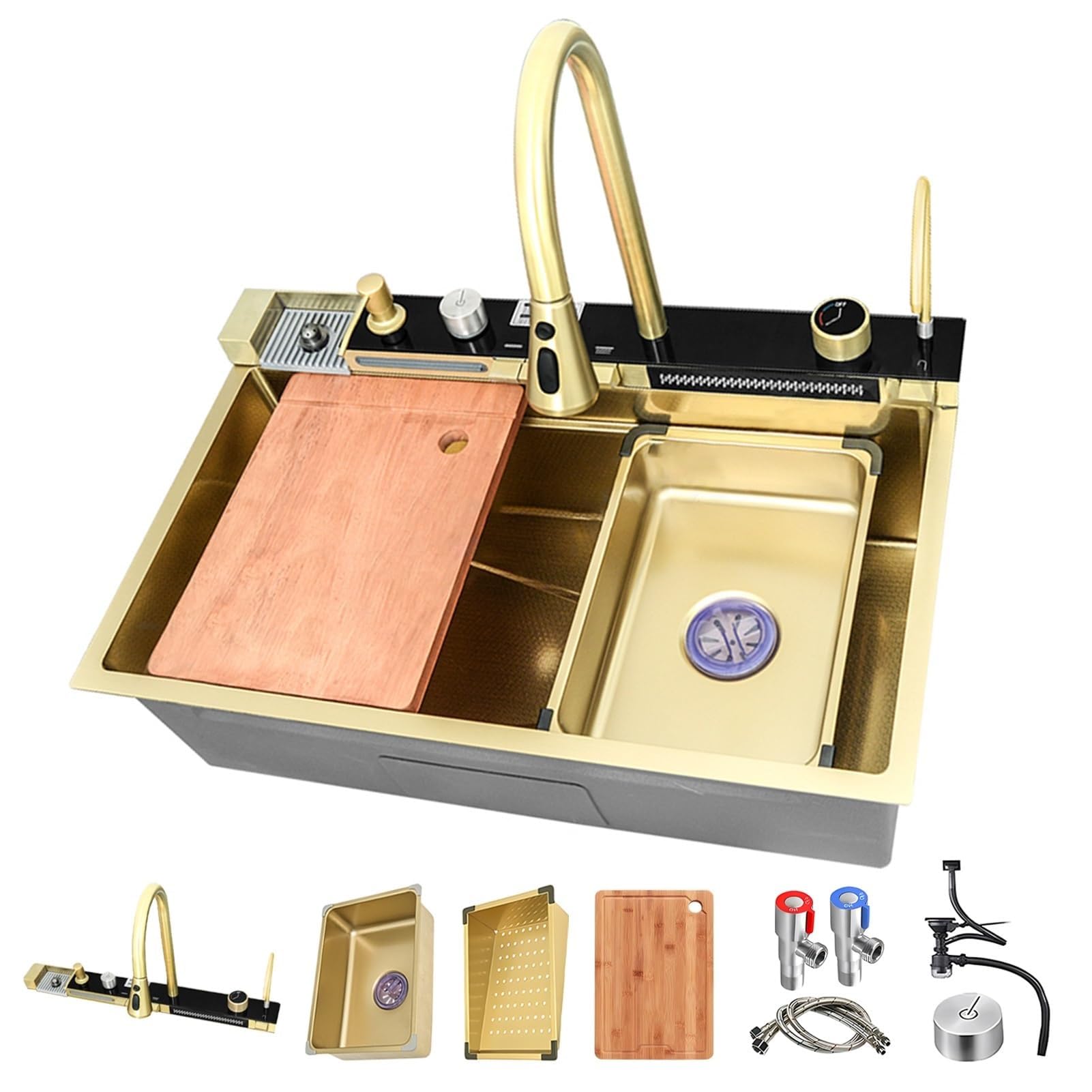 ZQFHSX Waterfall Kitchen Sink, Stainless Steel Single Bowl Workstation Sink with Pull-Out Faucet and Accessories, Durable Vegetable Basin for Efficient Use
