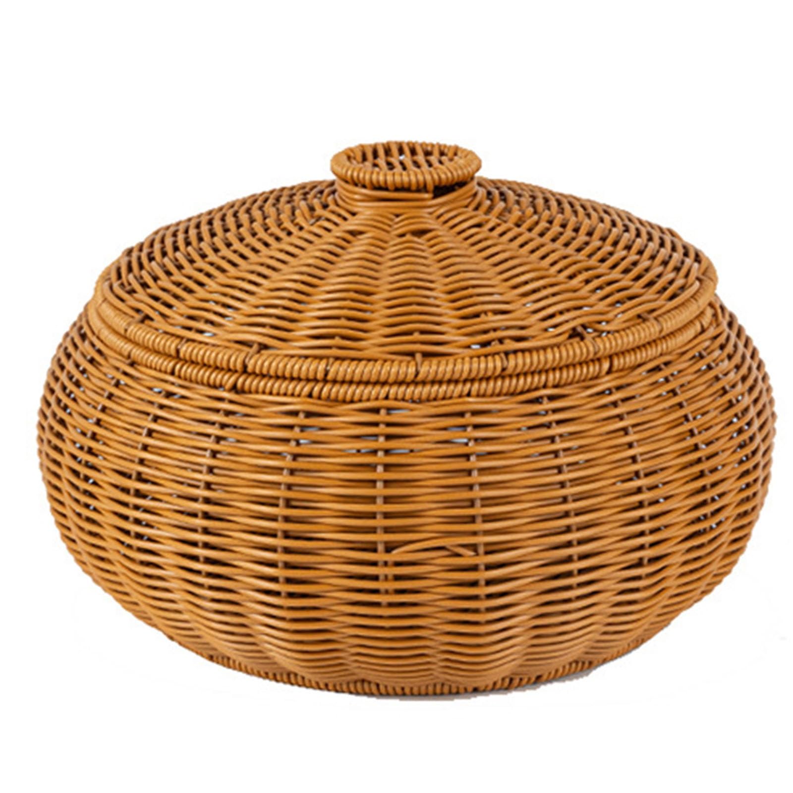 Xyueru Brown Round Rattan Basket With Lid, Hand-Woven Multi-Purpose Wicker Tray, Table Decorative Storage Baskets, Picnic Bread Fruit Table Storage Basket, For Desktop Woven Kitchen Fruit Bread Basket