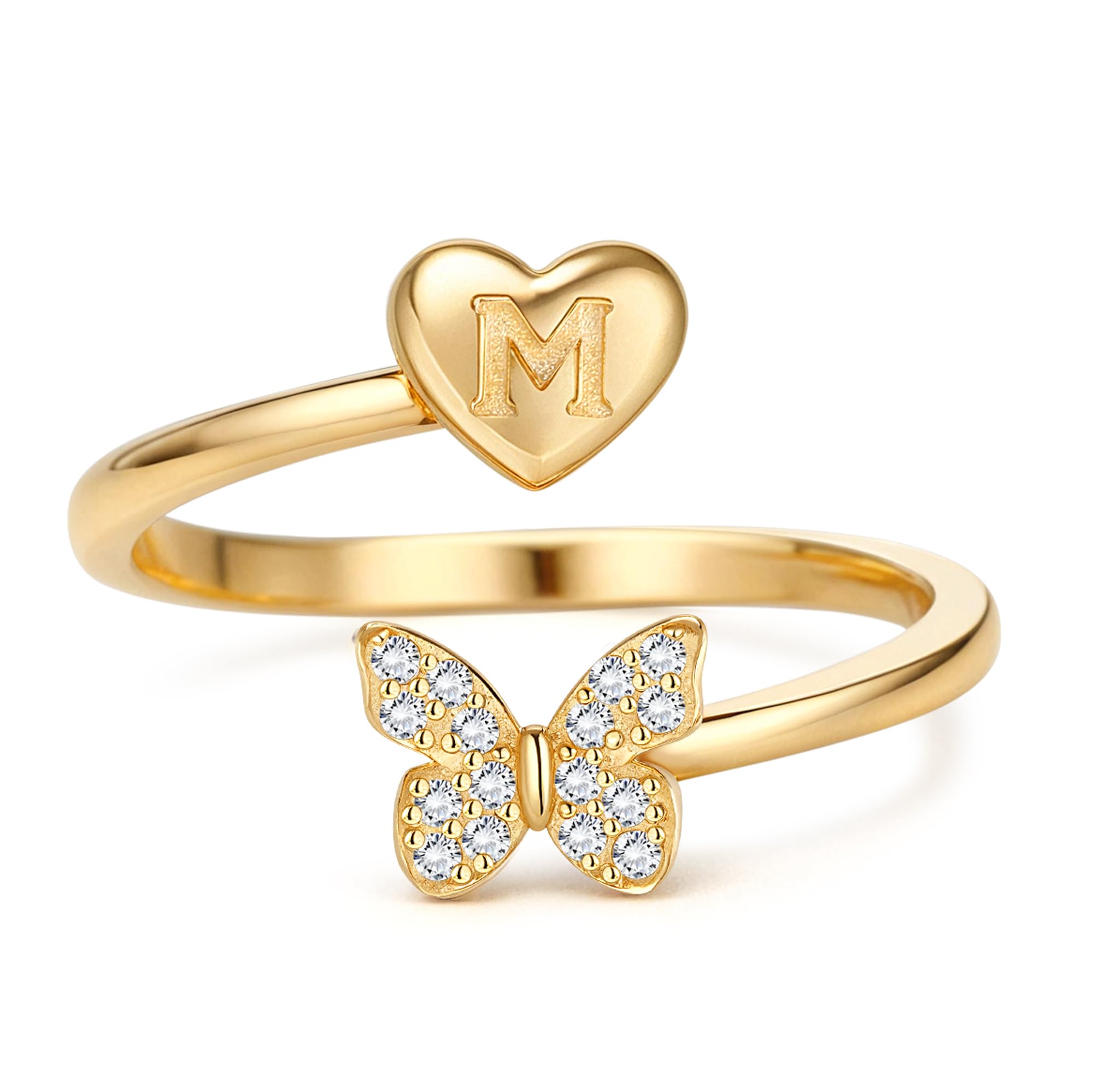 WBDWWTD MILACOLATO Ringe aus 925er-Sterlingsilber für Damen und Mädchen, hypoallergen, verstellbar, Versprechensringe mit Anfangsbuchstaben, Gold, offenes Schmetterlings-Design, stapelbarer Ring, 18