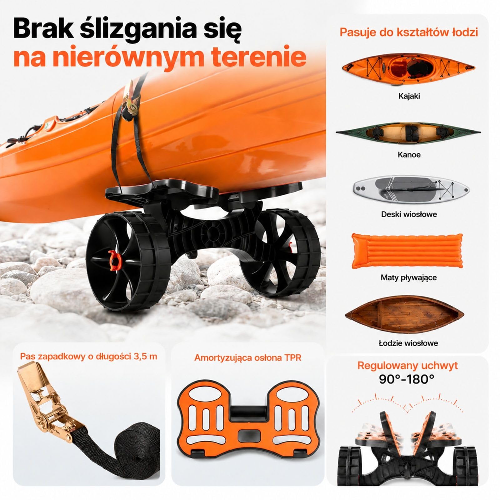 Składany wózek do kajaka z ramą nylon TPR, kołami z pełnej gumy i paskiem zapadkowym do kajaków, kanadyjek i desek paddleboard