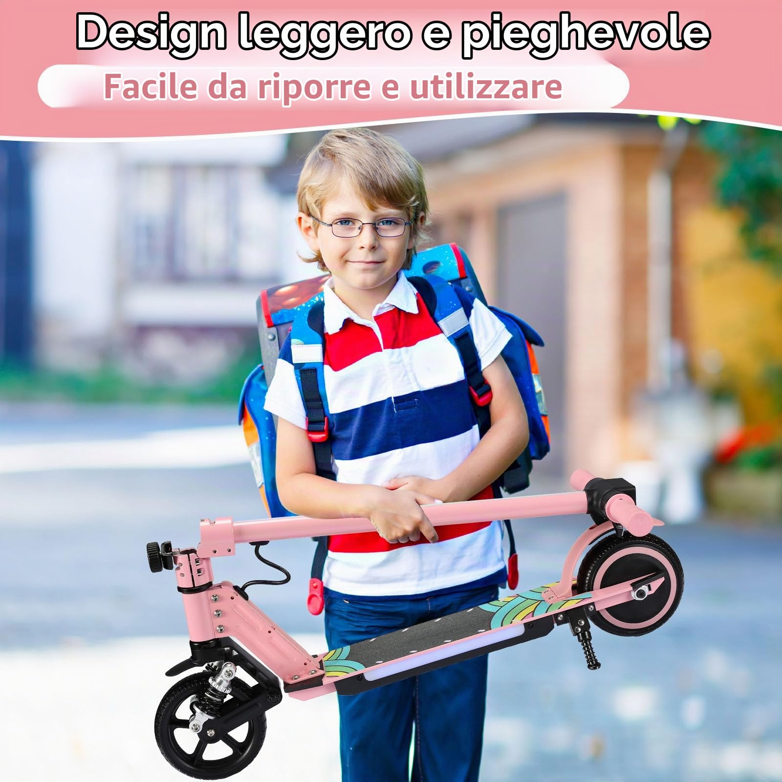 Monopattino elettrico per bambini, 6-12 anni, 130 W, 14 km/h, portata 8 km, luci LED colorate, pieghevole, scooter elettrico per ragazzi e ragazze, regalo per bambini