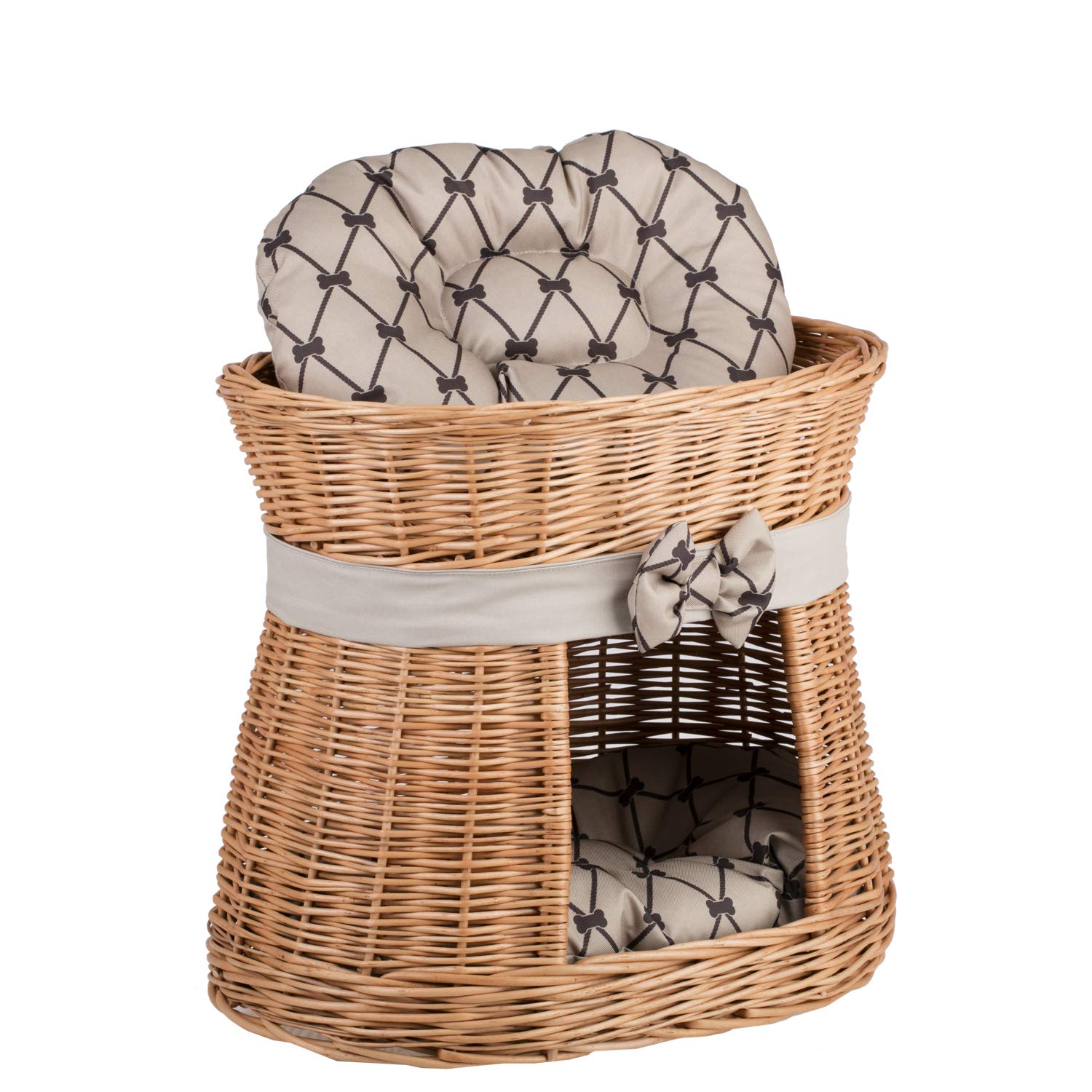e-wicker24 Cuccia a 2 Piani per Gatti e Cani - Cesta in Vimini Fatta a Mano - Letto per Animali Interno Con 2 Morbidi Cuscini