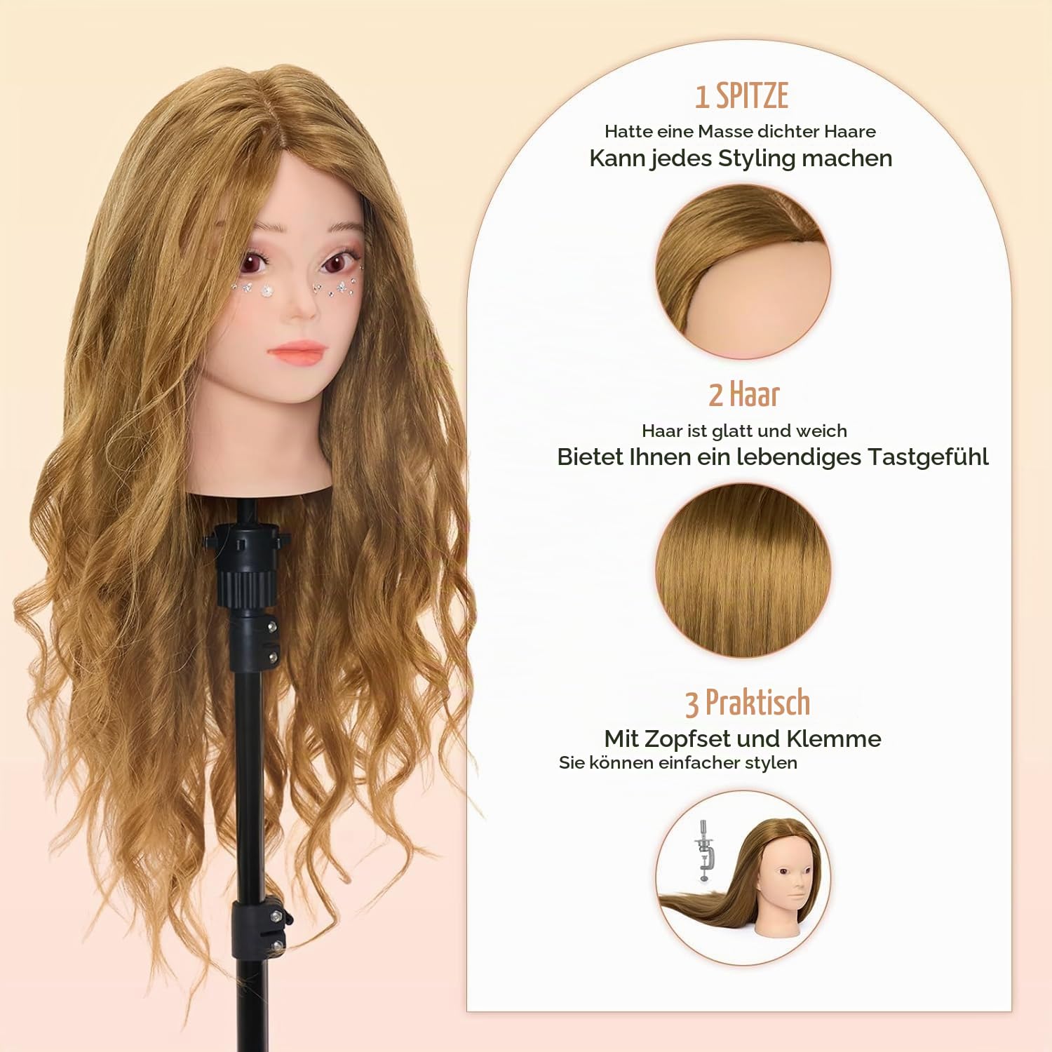 Schminkkopf 50% Echthaar mit Ständer 24" Frisierkopf Friseur Friseurkopf | Trainingsköpfe Übungskopf Puppenkopf Ausbildung Kopf Mit Halter + Hair Styling Braid Set