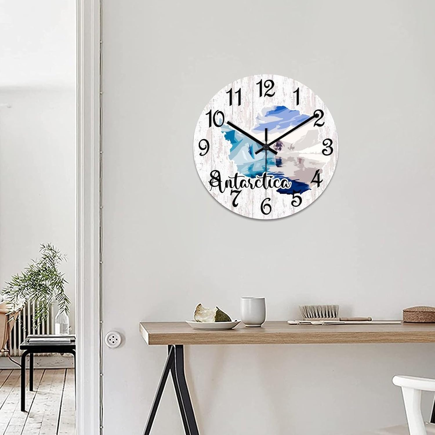 Antarctica Landmark Landscape Clock Antarctica Map Large Wooden Wall Clock Battery Operated Silent 12 Inch Farmhouse Wall Clock Decorative for Home Kitchen Living Room Bedroom Office