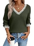 Womens Sweaters Casual V Neck Long Sleeve Contrast Knit Pullover Sweater Solid Fall Outfits Tops