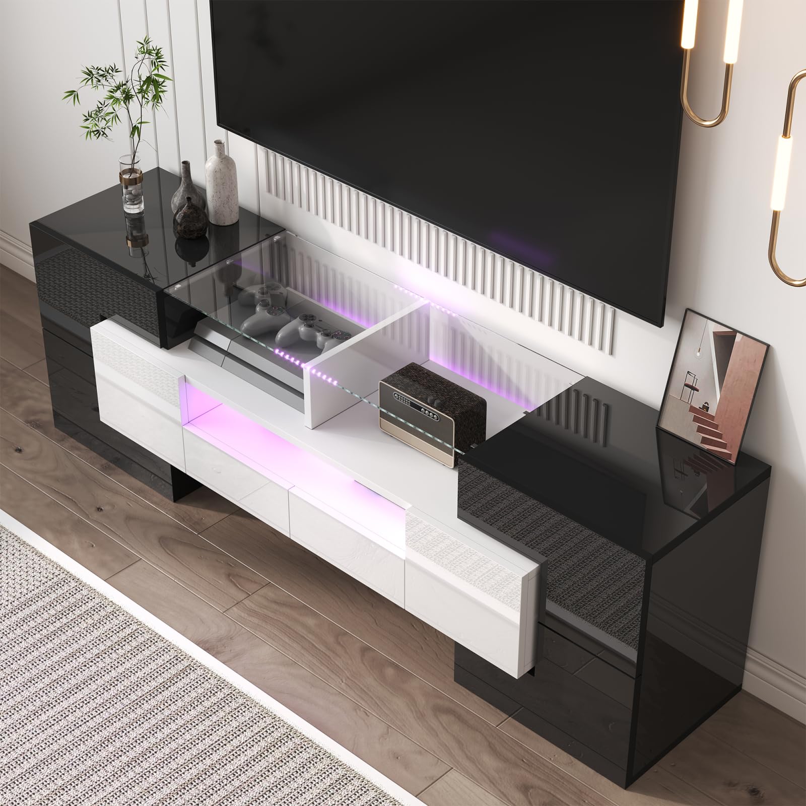 Moderner LED TV-Schrank für Fernseher bis 65 Zoll, Fernsehschrank mit 6 Schließfach, 2 Schubladen,Fernsehtisch mit Glastischplatte, Hochglanz TV Lowboard für Wohn- und Esszimmer (Schwarz + Weiß)