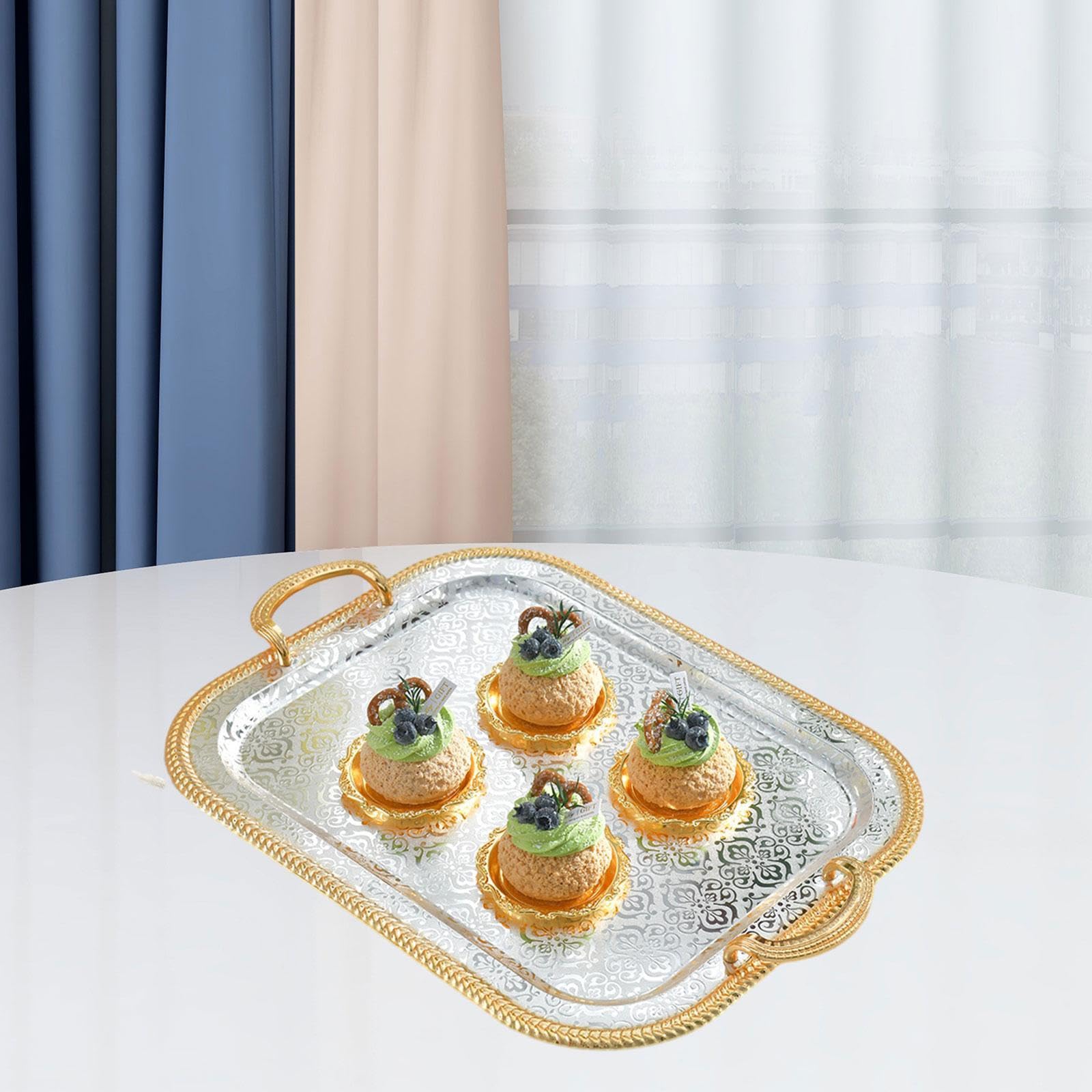 Bandeja para Servir, Soporte para Tazas de Té, Bandeja de Postre de Hierro con Asas, Bandeja Decorativa, Bandeja para Comida para Restaurante, Hogar, L