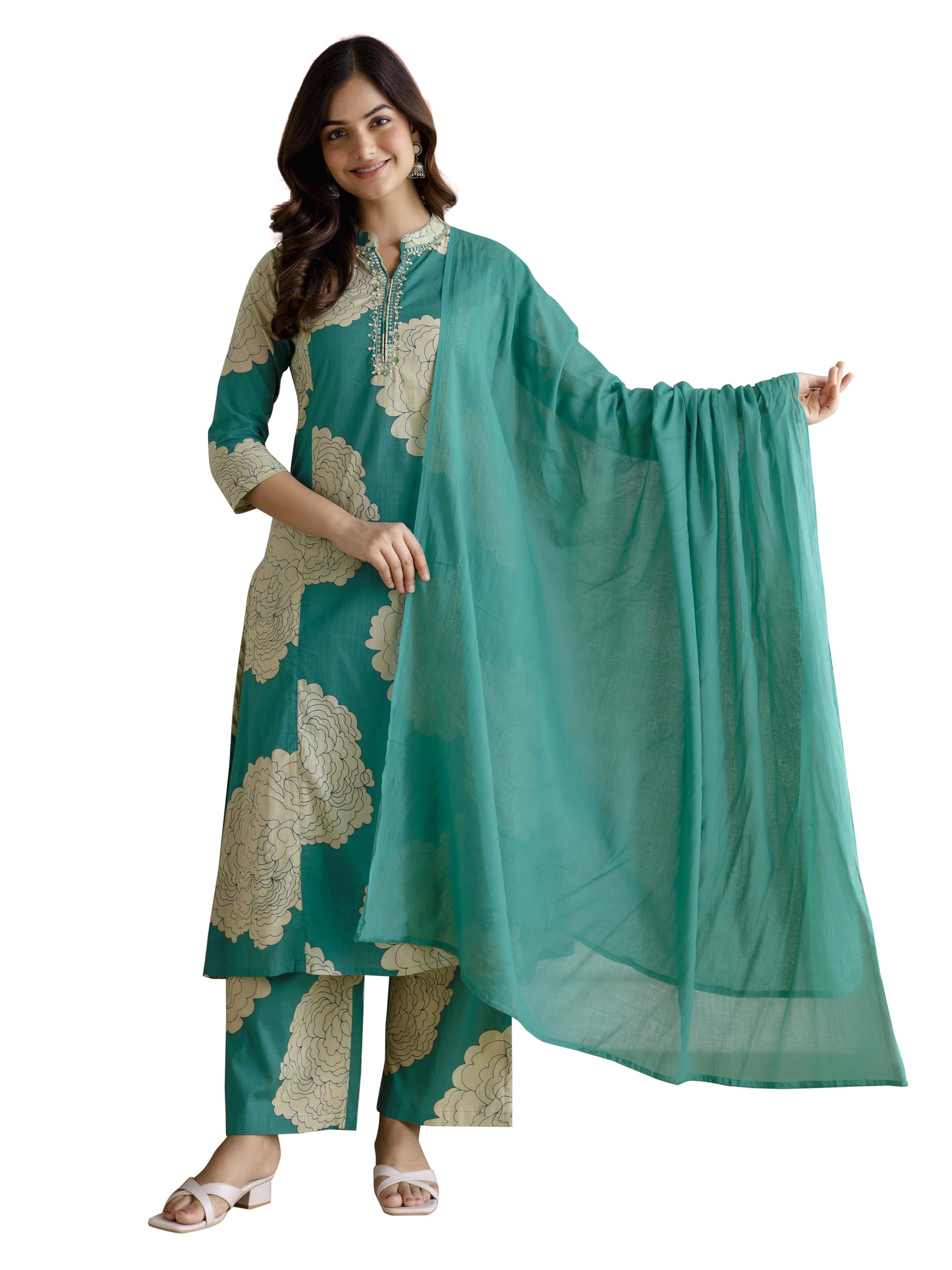 trendmalls Women’s Pure Cotton Large Floral Print Kurta Pant with Dupatta Set | Hand Work Embroidery on Kurta Neck Ethnic Wear-picture-35
