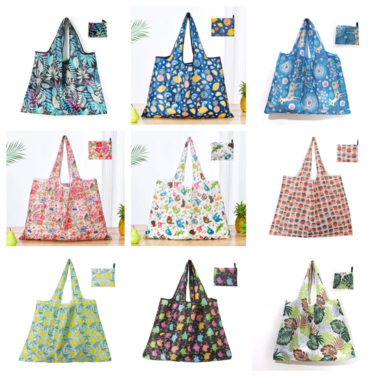 Reusable Grocery Shopping Bags, Foldable and Ripstop Shopping Bags, X-Large Groceries Bags Machine Washable Tote Bag XLarge-Multicolor-9 Packs