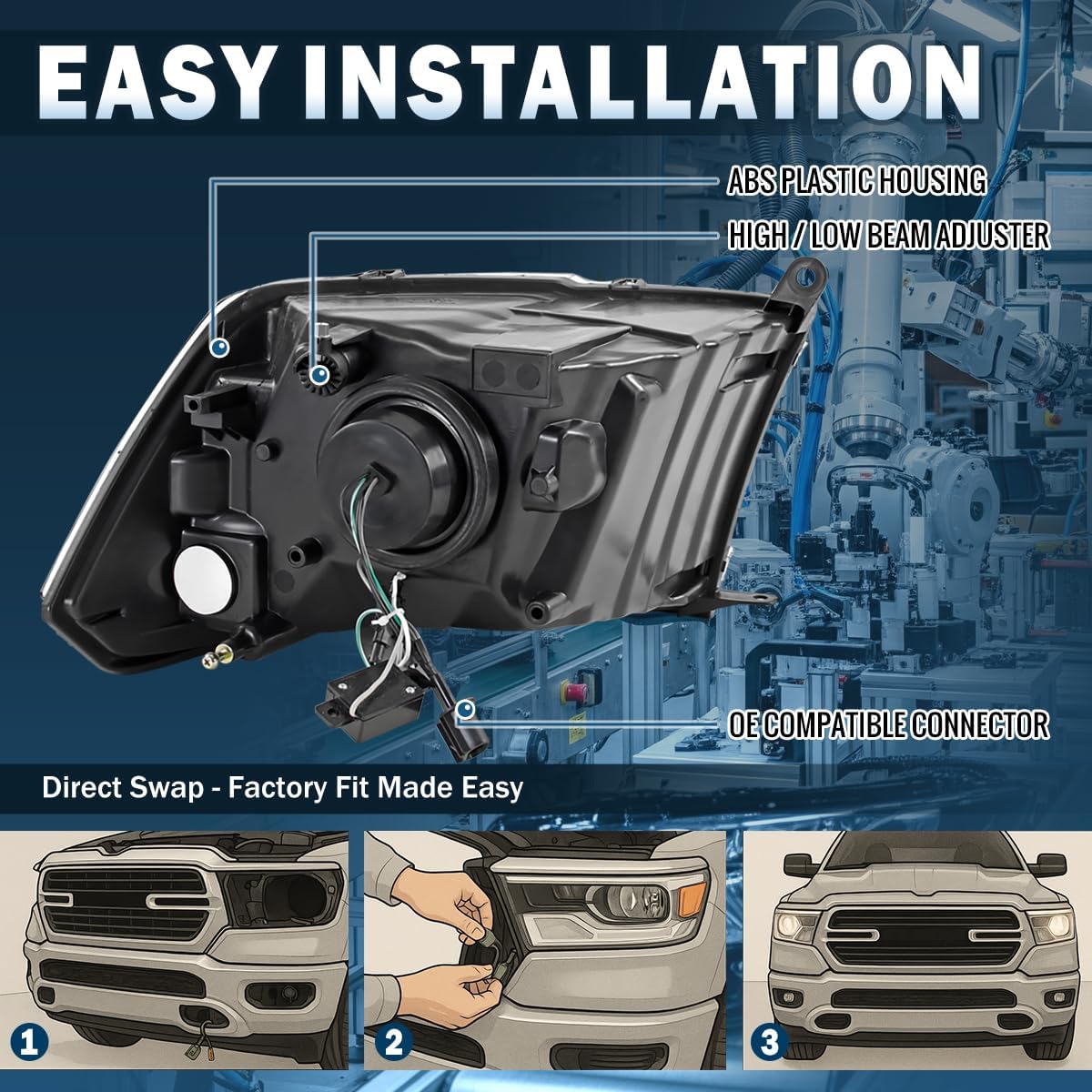 Ronnin - Fits 2009-2024 Ram 1500 2500 3500 Classic Pickup Truck Projector Headlights Replacement Assembly Pair | Black