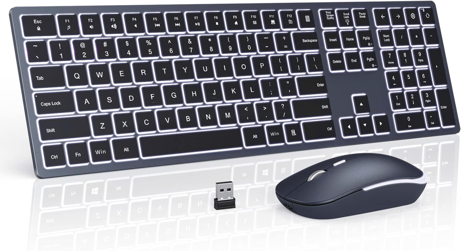seenda Wireless Backlit Keyboard and Mouse Combo, 2.4G USB Silent Keyboard and Mouse Rechargeable Full-Size Ultra Slim Keyboard & Mouse Set for Windows PC Computer, Laptop, Desktop
