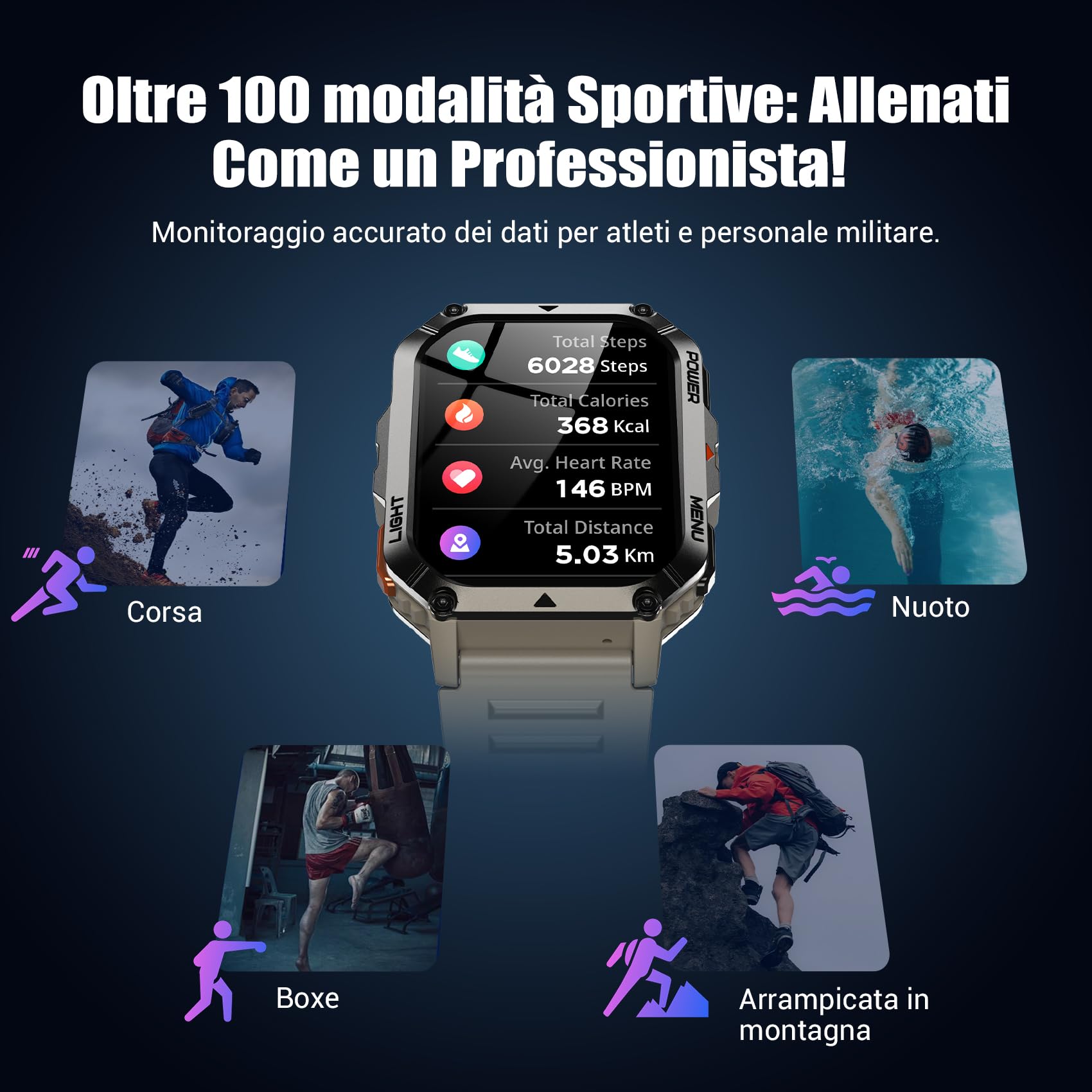 IOWODO Smartwatch Uomo Militare 2.01" con Chiamate Bluetooth, Batteria 900mAh, Torcia LED, Bussola, IP68 Impermeabile, Monitoraggio Cuore/Ossigeno nel Sangue/Sonno, 123 Modalità Sportive, 2 Cinturini