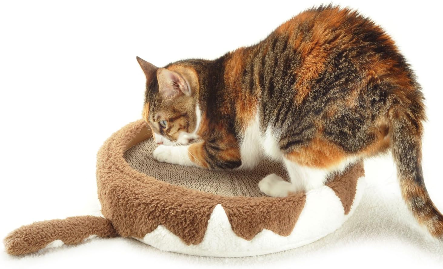 4CLAWS Round Scratching Bed 14" (Tabby Brown and White) - DELUXE Collection Cat Scratcher