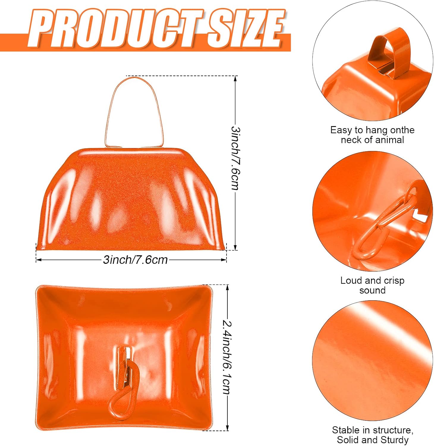 48 Pcs Metal Cowbells with Handles Loud Noise Makers Small Hand Percussion Cowbells for Football Events, Wedding, Graduation Team Cheering(Orange)