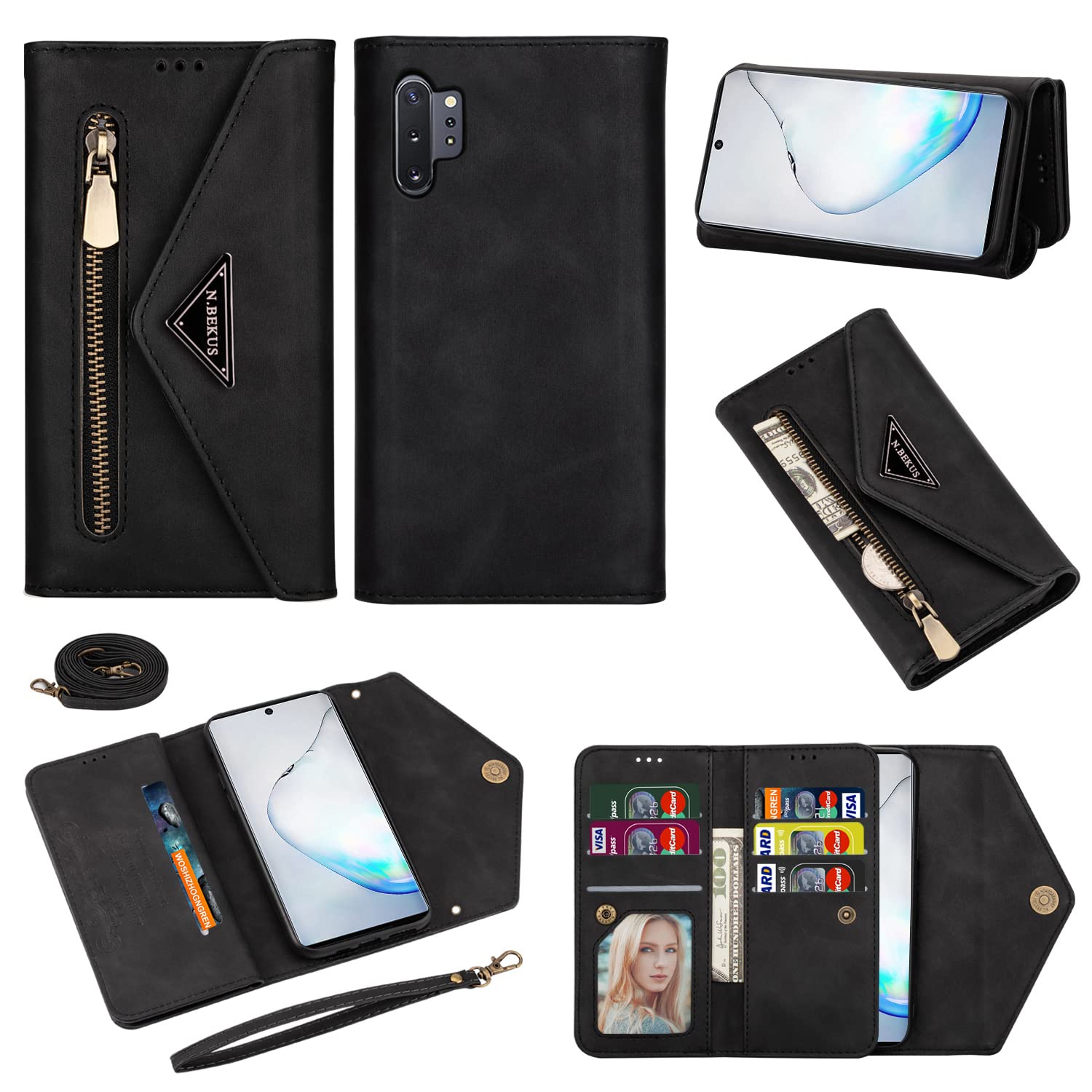 Wallet Case for Samsung Galaxy Note 10 Plus Note10+ 5G Leather Flip Zipper Purse Handbag with Credit Card Holder Shoulder Strap Wrist Strap Phone Cover for Note10 + Notes 10+ Ten Not S10 10Plus Black