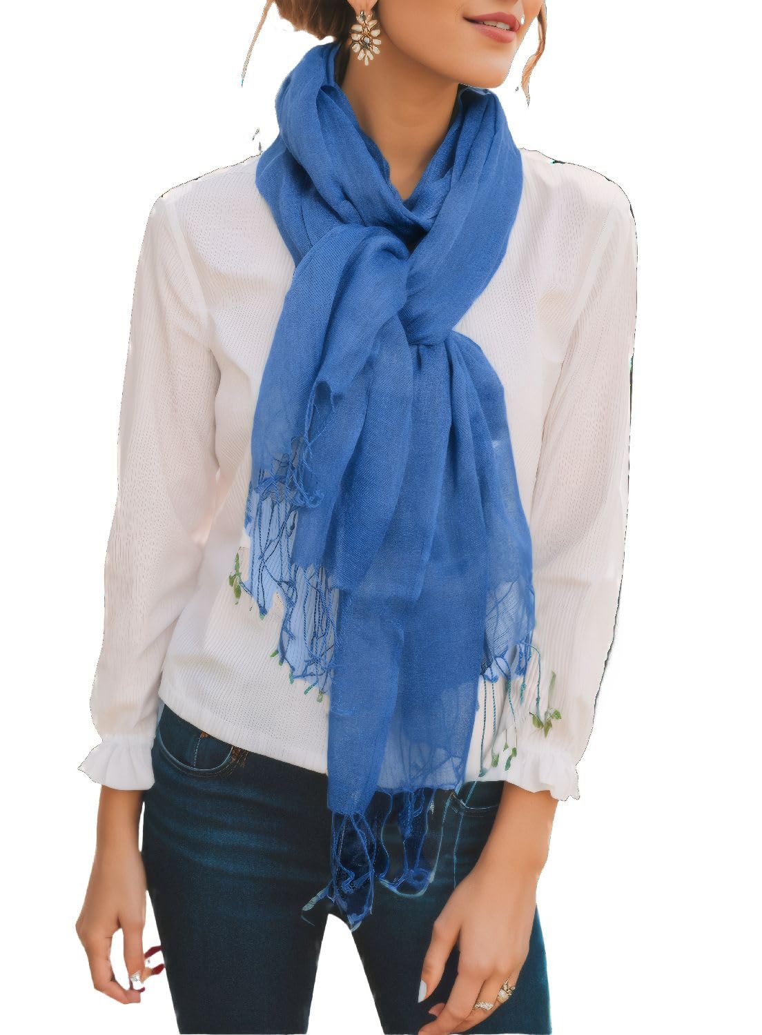 Prettystern Men's T51 Jeans Blue Uni Colour Plain Fringes 100% Linen Cool Casual Spring Summer Scarf