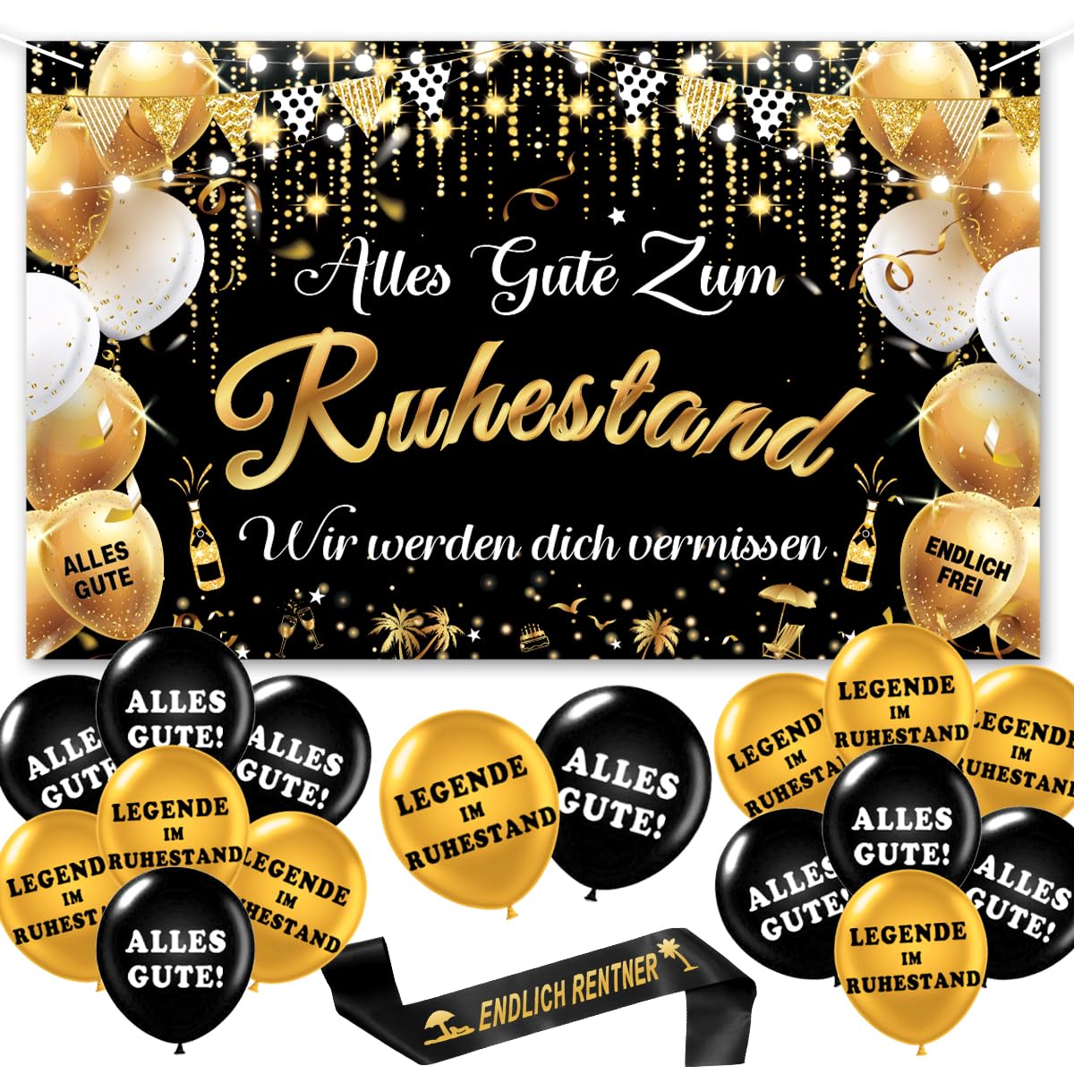 Rente Deko Set 35-teilig - Ruhestand Party Banner & Luftballons Gold Schwarz