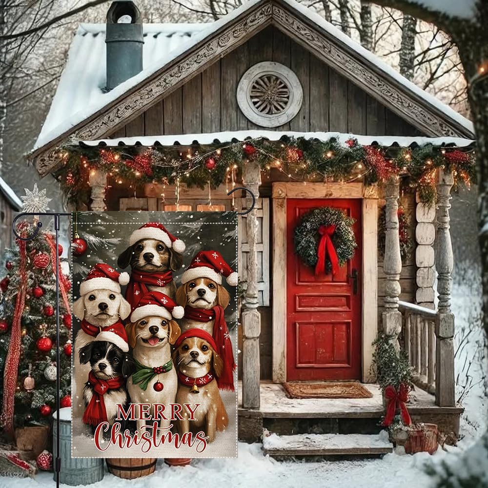 Christmas Garden Flag 12x18 Inch Double Sided Burlap Yard Decoration with Cute Dogs in Santa Hats Winter Snow Scene for Outdoor Holiday Seasonal Decor - Image 4
