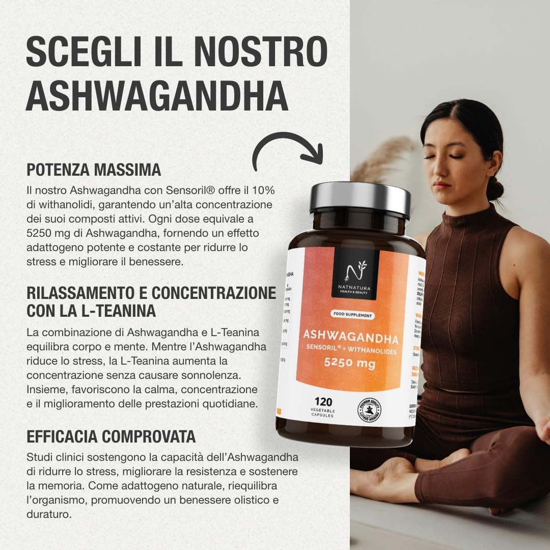 Ashwagandha Sensoril® 5:1 + Estratto 10:1 | 5250 mg al giorno | Concentrazione superiore al KSM-66 | Energia naturale, equilibrio emotivo e concentrazione | 120 capsule vegane.