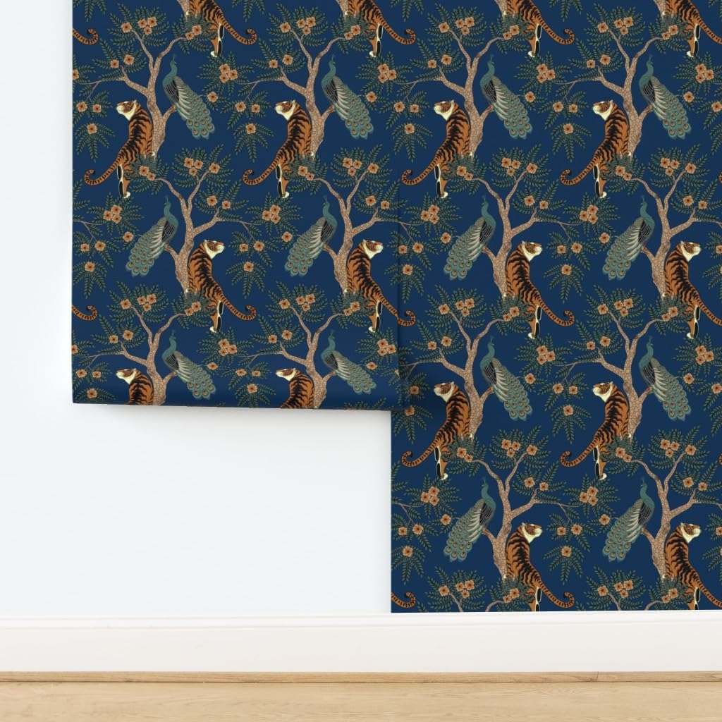 Spoonflower Removable Wallpaper 3ft x 2ft - Bird Asian Flowers Floral Chinese Tree Animals Tiger Peacock Blue Custom Pre-Pasted Wallpaper